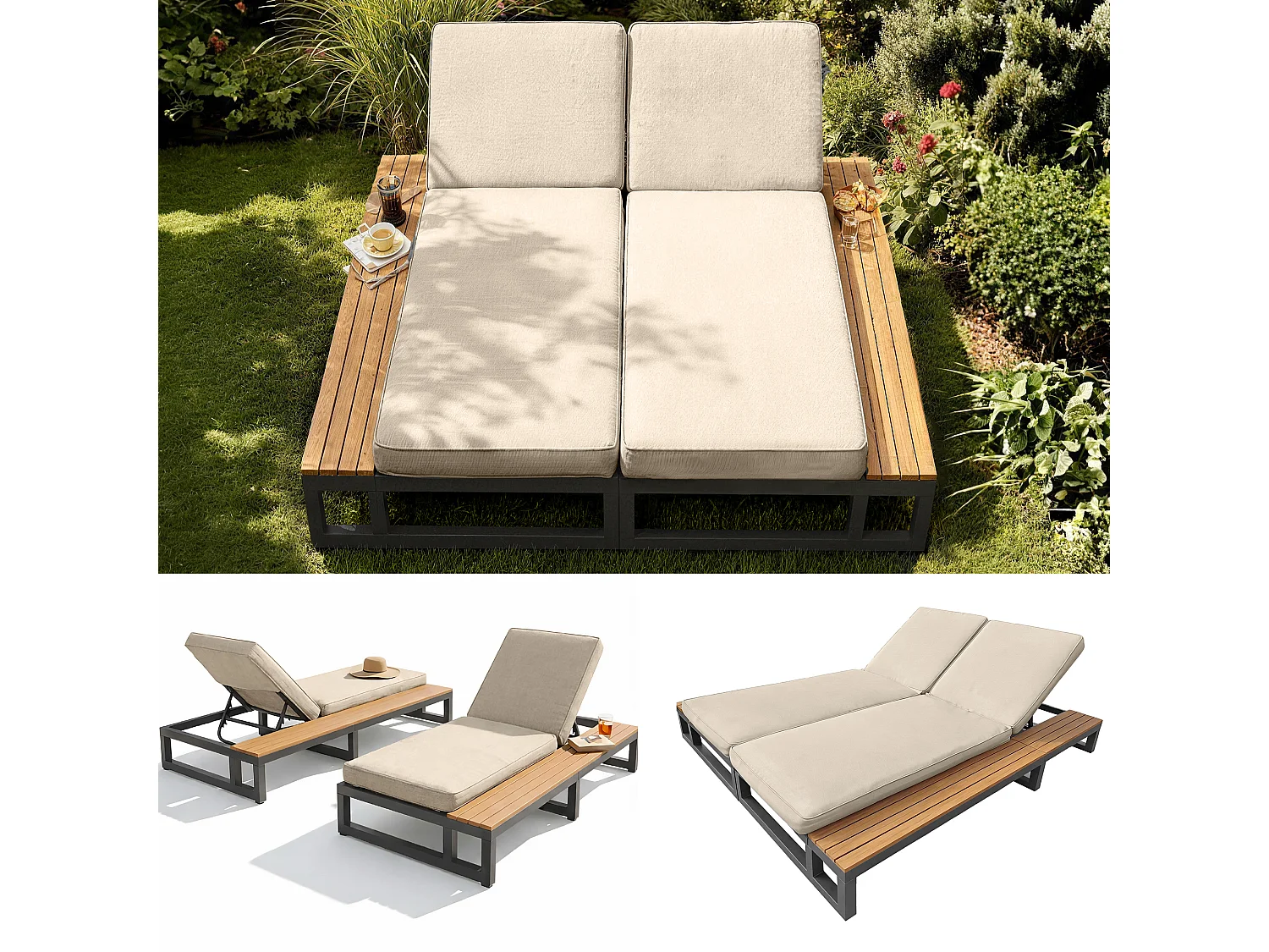 Bain de Soleil de Jardin Double avec Tablettes Latérales en WPC - Lit de Repos XXL 2 Places - Dossiers Inclinables Indépendants - Beige