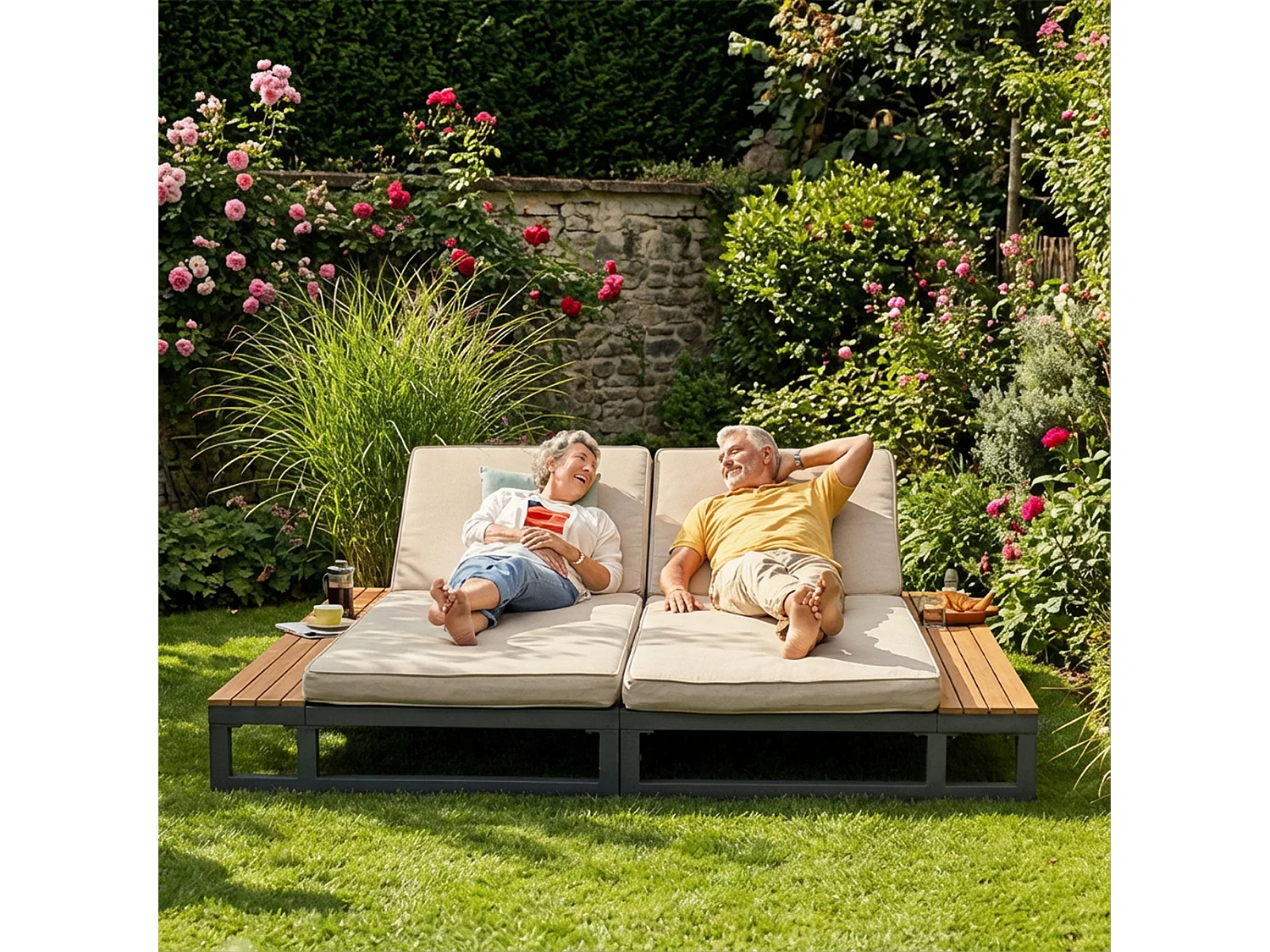 Bain de Soleil de Jardin Double avec Tablettes Latérales en WPC - Lit de Repos XXL 2 Places - Dossiers Inclinables Indépendants - Beige