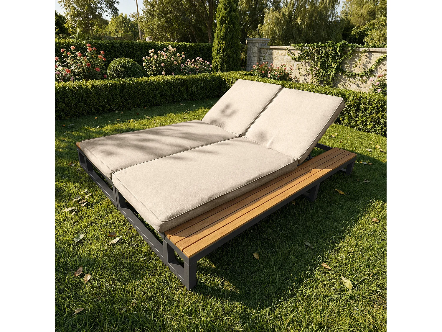 Bain de Soleil de Jardin Double avec Tablettes Latérales en WPC - Lit de Repos XXL 2 Places - Dossiers Inclinables Indépendants - Beige