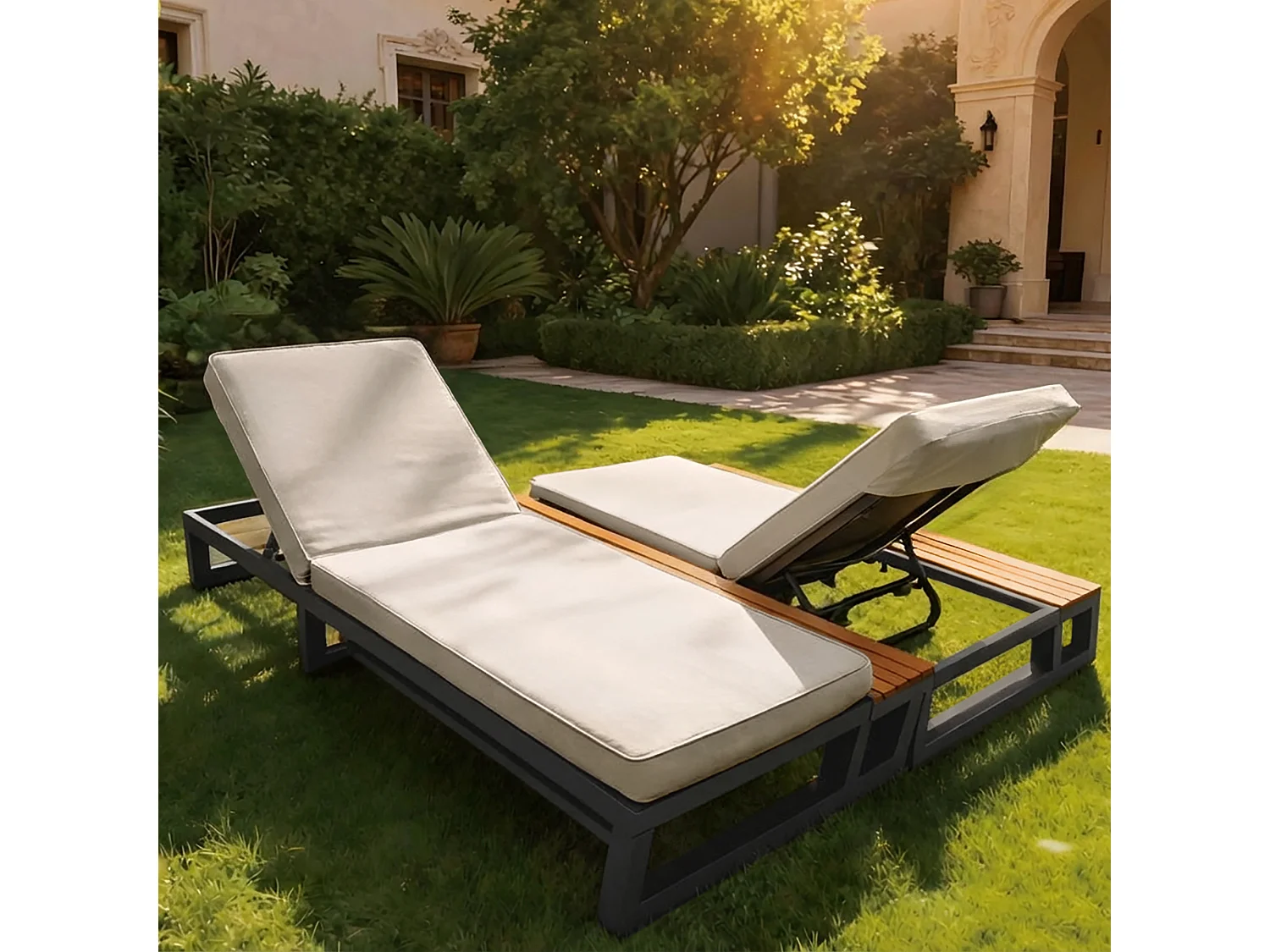 Bain de Soleil de Jardin Double avec Tablettes Latérales en WPC - Lit de Repos XXL 2 Places - Dossiers Inclinables Indépendants - Beige