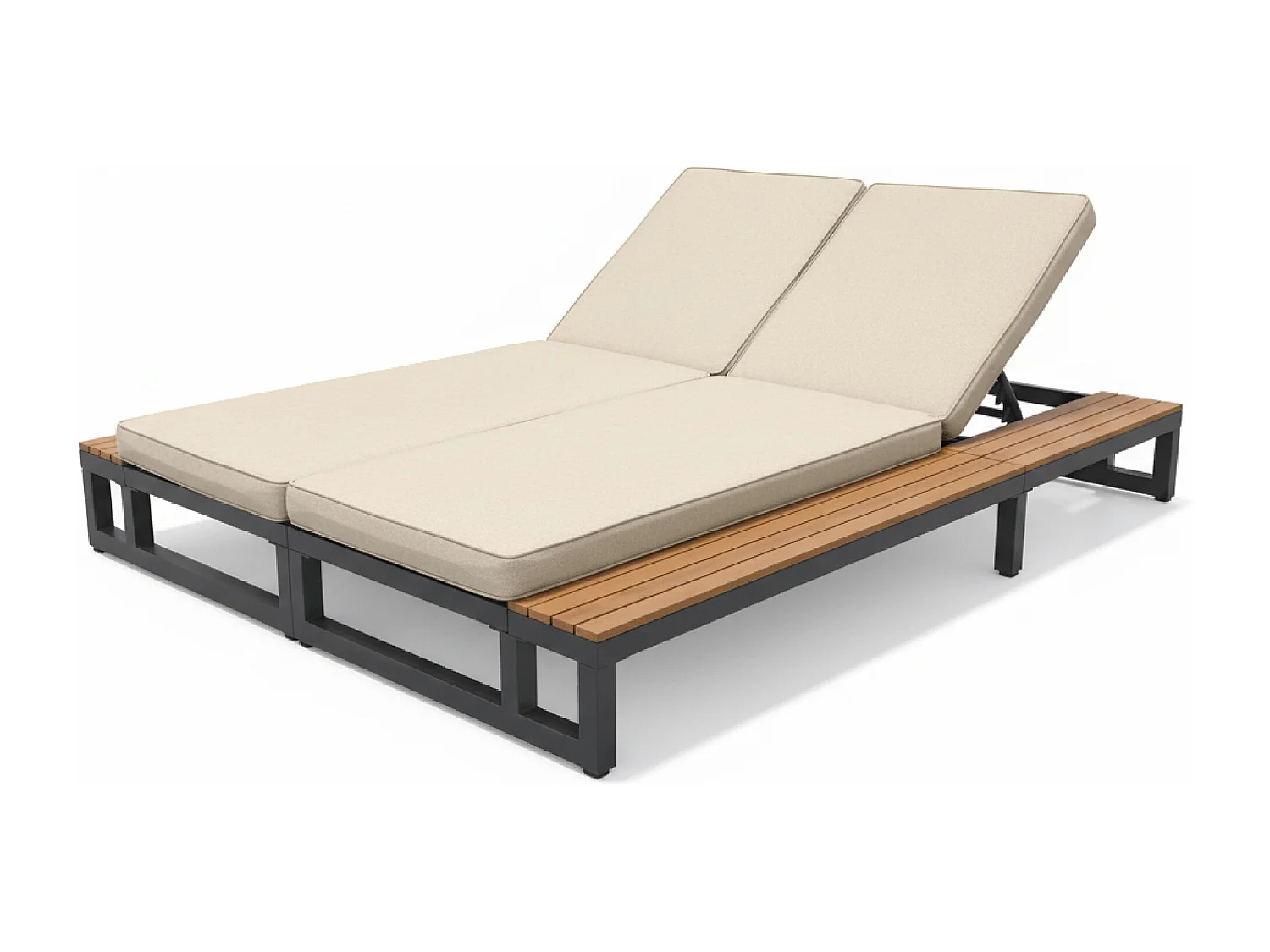 Bain de Soleil de Jardin Double avec Tablettes Latérales en WPC - Lit de Repos XXL 2 Places - Dossiers Inclinables Indépendants - Beige