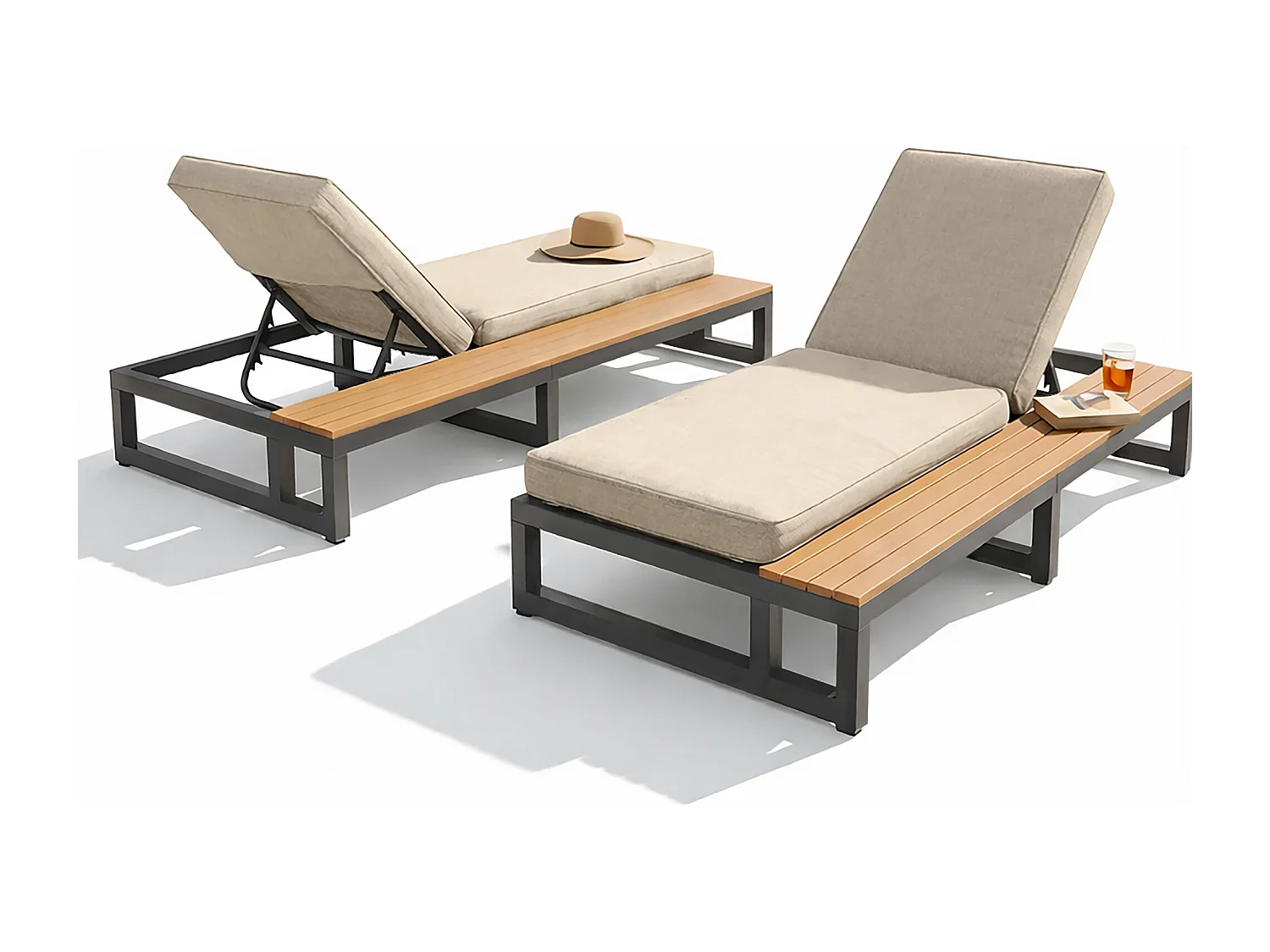 Bain de Soleil de Jardin Double avec Tablettes Latérales en WPC - Lit de Repos XXL 2 Places - Dossiers Inclinables Indépendants - Beige