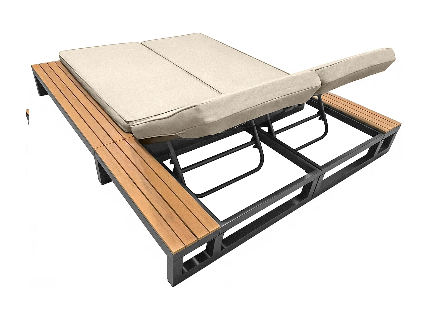 Bain de Soleil de Jardin Double avec Tablettes Latérales en WPC - Lit de Repos XXL 2 Places - Dossiers Inclinables Indépendants - Beige