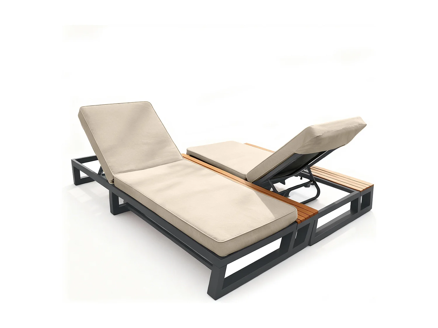 Bain de Soleil de Jardin Double avec Tablettes Latérales en WPC - Lit de Repos XXL 2 Places - Dossiers Inclinables Indépendants - Beige