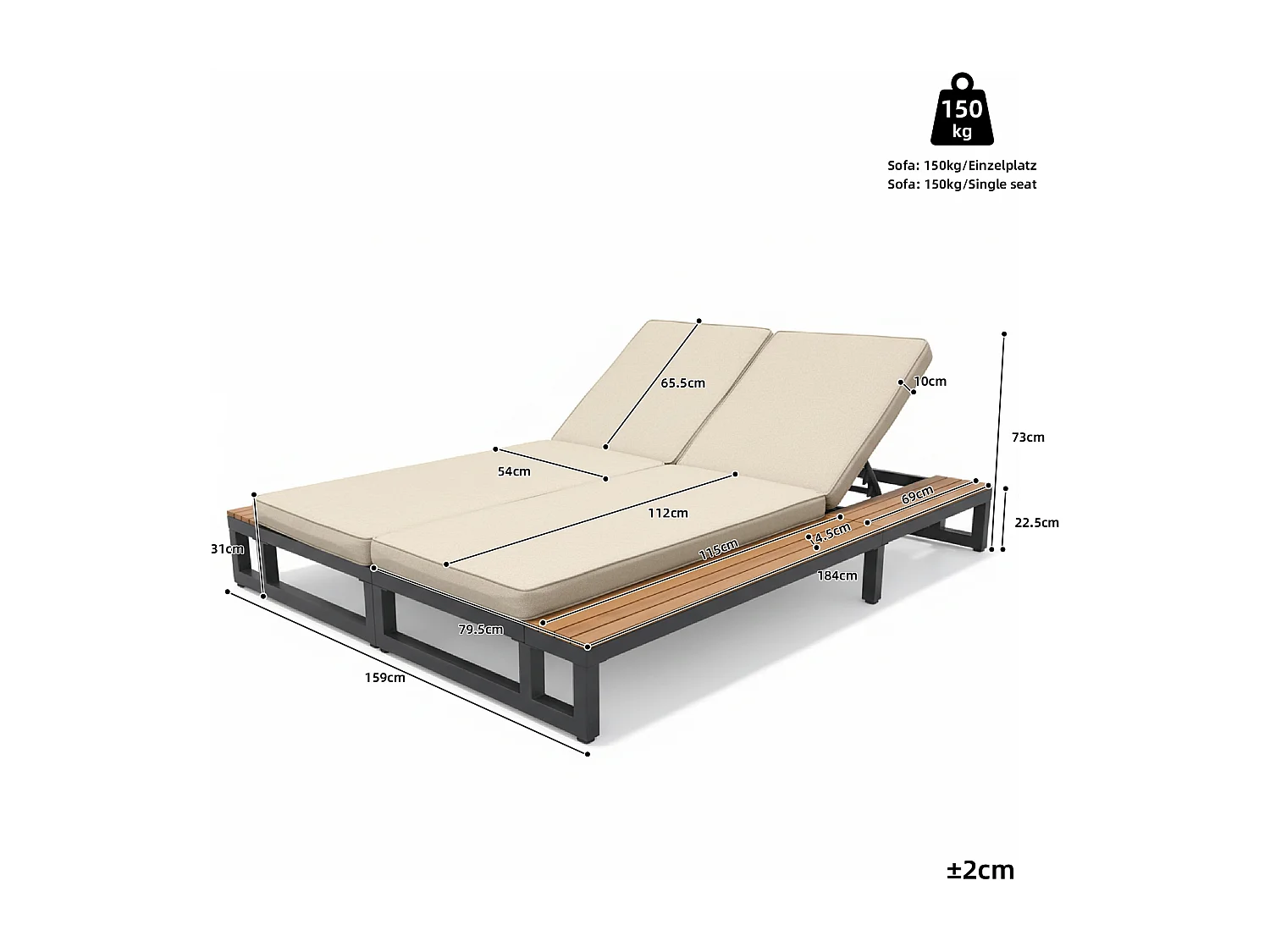 Bain de Soleil de Jardin Double avec Tablettes Latérales en WPC - Lit de Repos XXL 2 Places - Dossiers Inclinables Indépendants - Beige