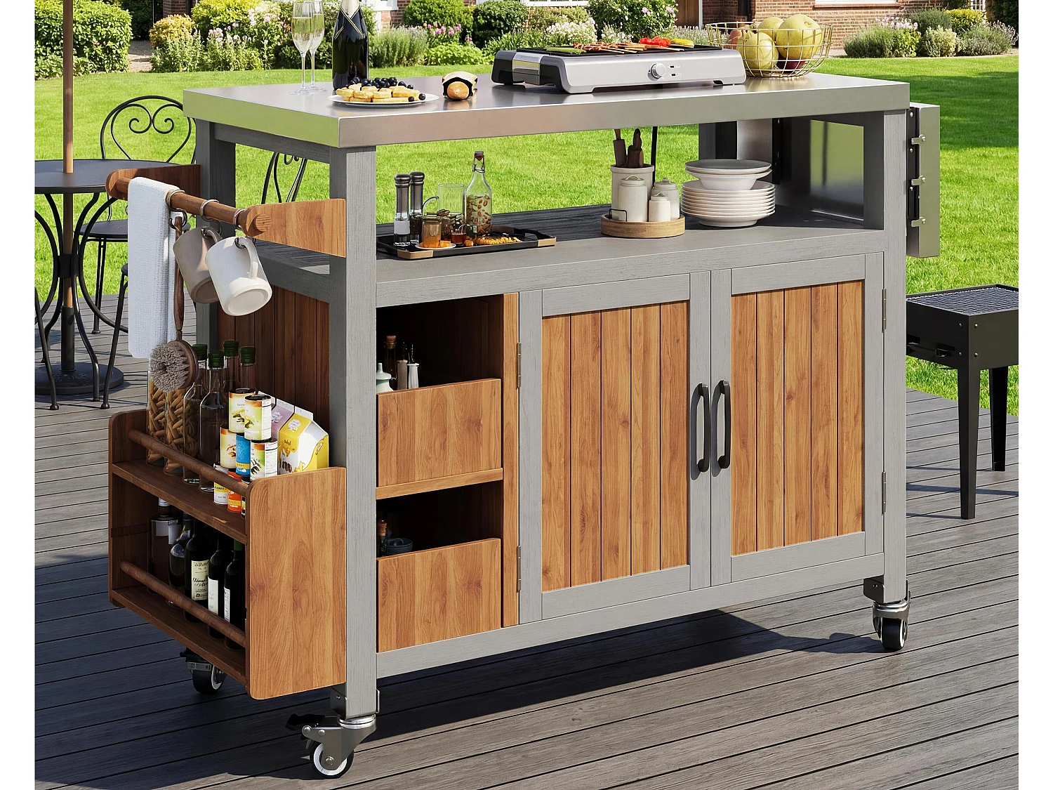 Servierwagen für den Garten aus Massivholz mit Edelstahl-Platte und Ausziehbretter - Mobiler Grillwagen auf Rädern mit Haken - Vintage-Stil - Grau