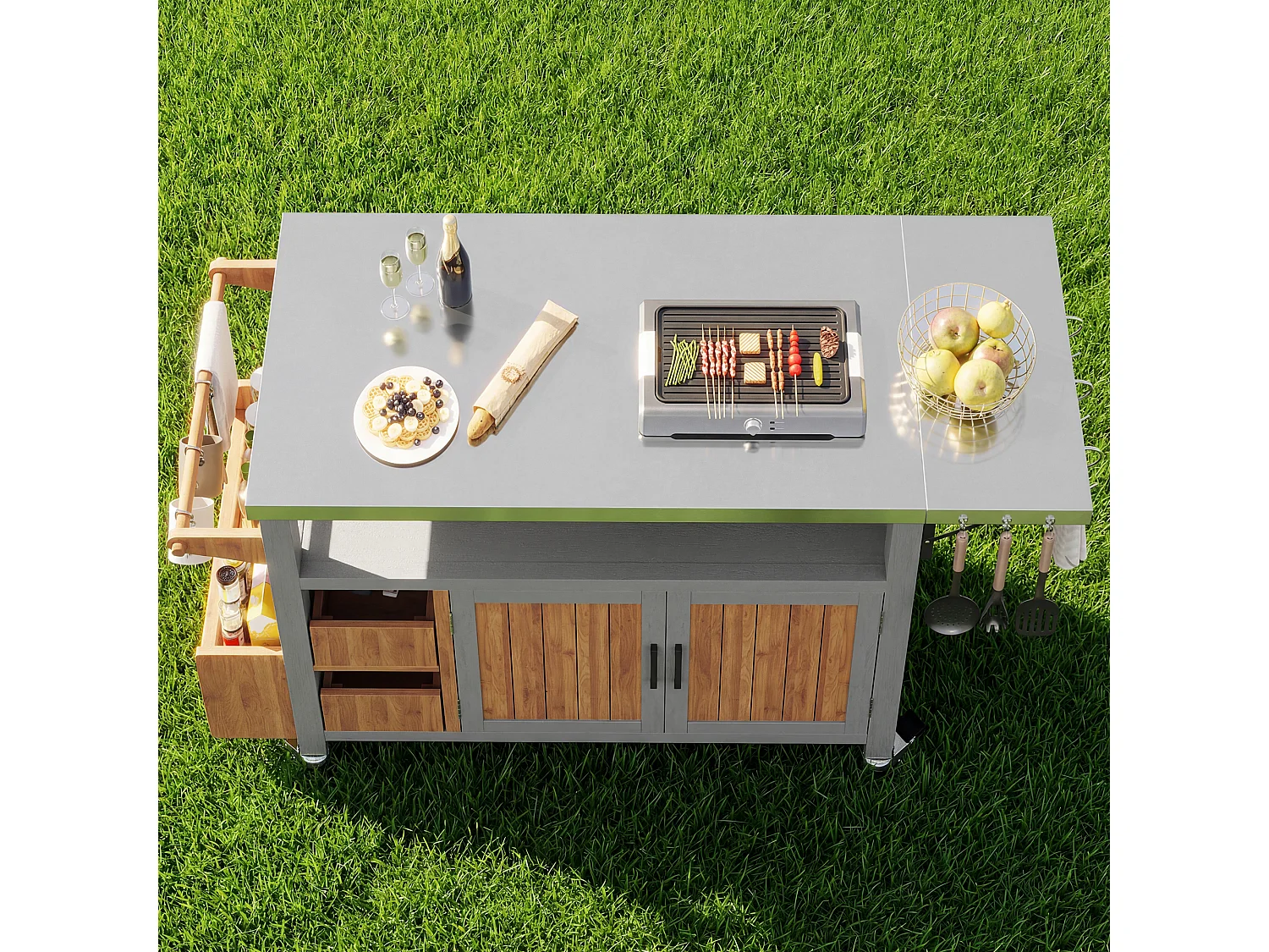 Servierwagen für den Garten aus Massivholz mit Edelstahl-Platte und Ausziehbretter - Mobiler Grillwagen auf Rädern mit Haken - Vintage-Stil - Grau