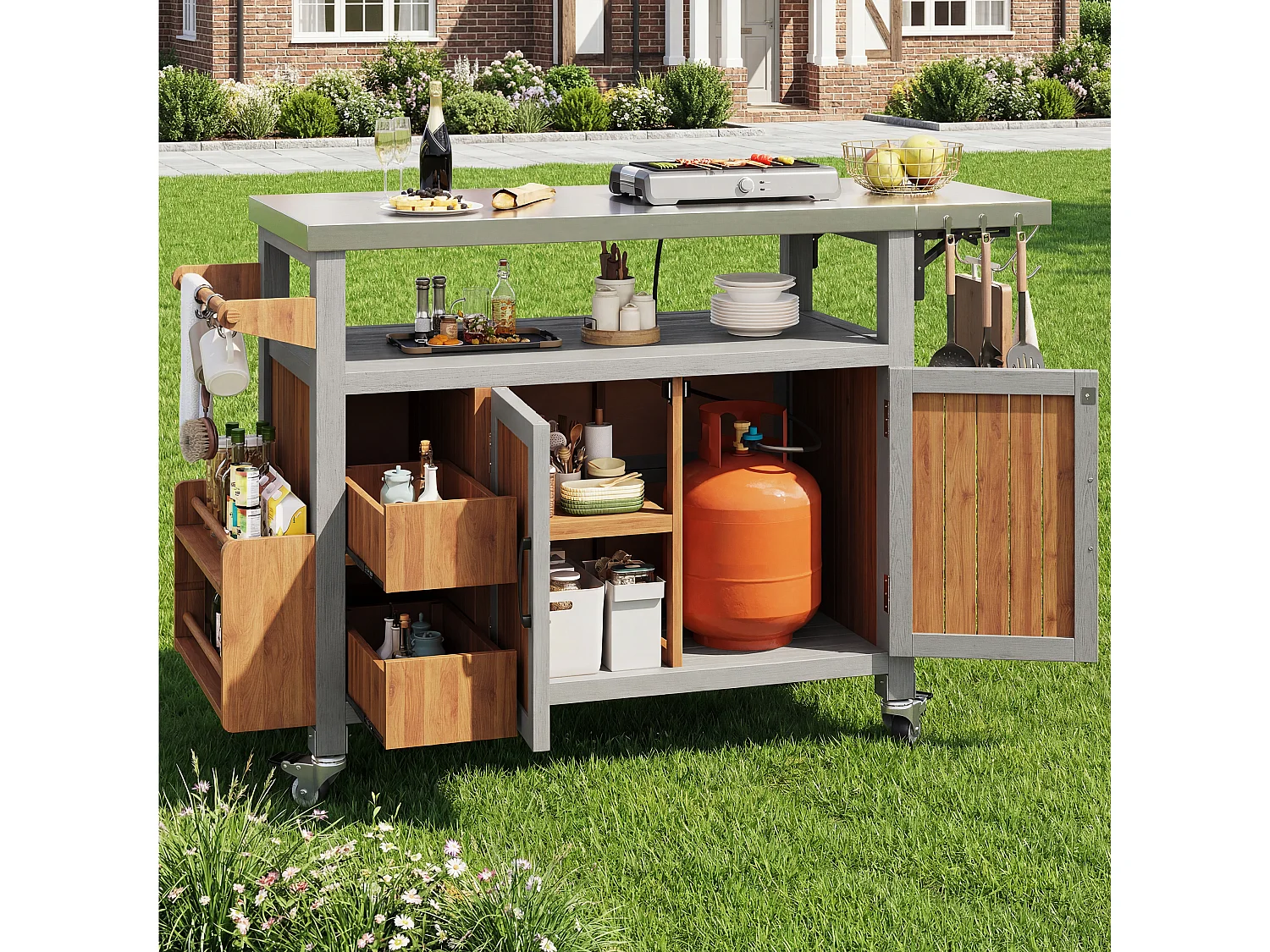 Servierwagen für den Garten aus Massivholz mit Edelstahl-Platte und Ausziehbretter - Mobiler Grillwagen auf Rädern mit Haken - Vintage-Stil - Grau