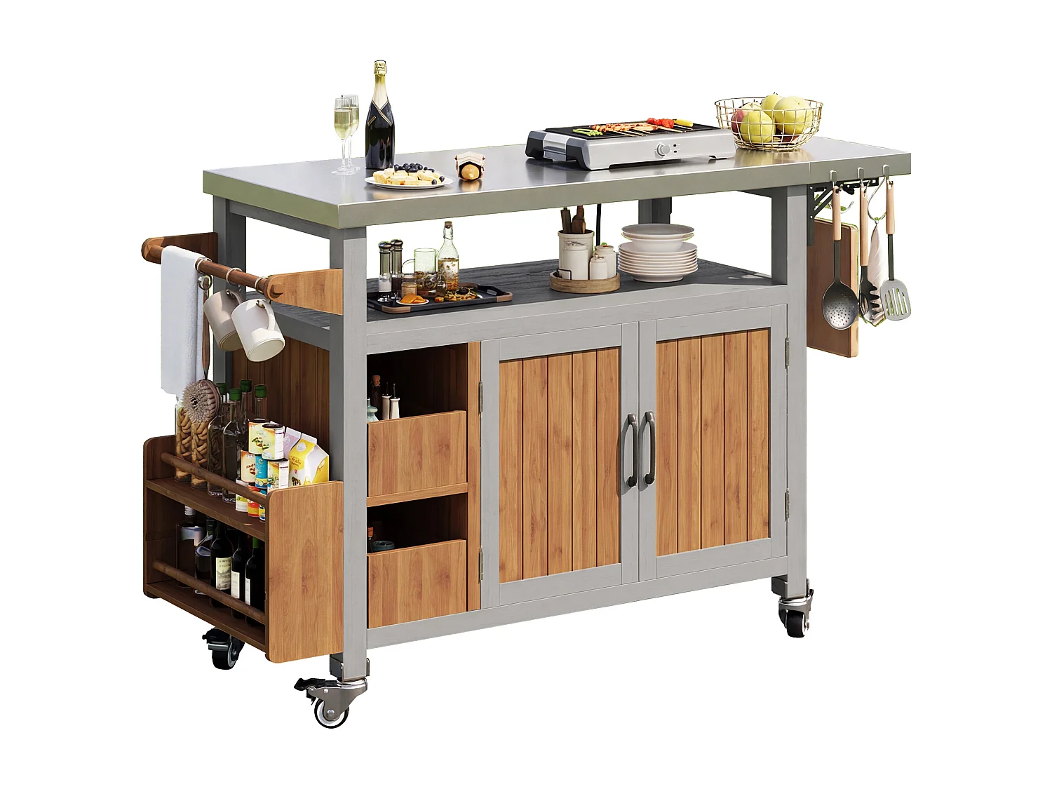 Servierwagen für den Garten aus Massivholz mit Edelstahl-Platte und Ausziehbretter - Mobiler Grillwagen auf Rädern mit Haken - Vintage-Stil - Grau