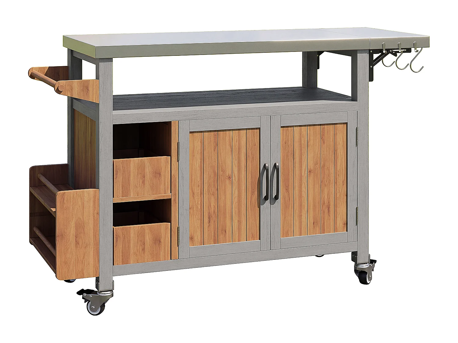 Servierwagen für den Garten aus Massivholz mit Edelstahl-Platte und Ausziehbretter - Mobiler Grillwagen auf Rädern mit Haken - Vintage-Stil - Grau