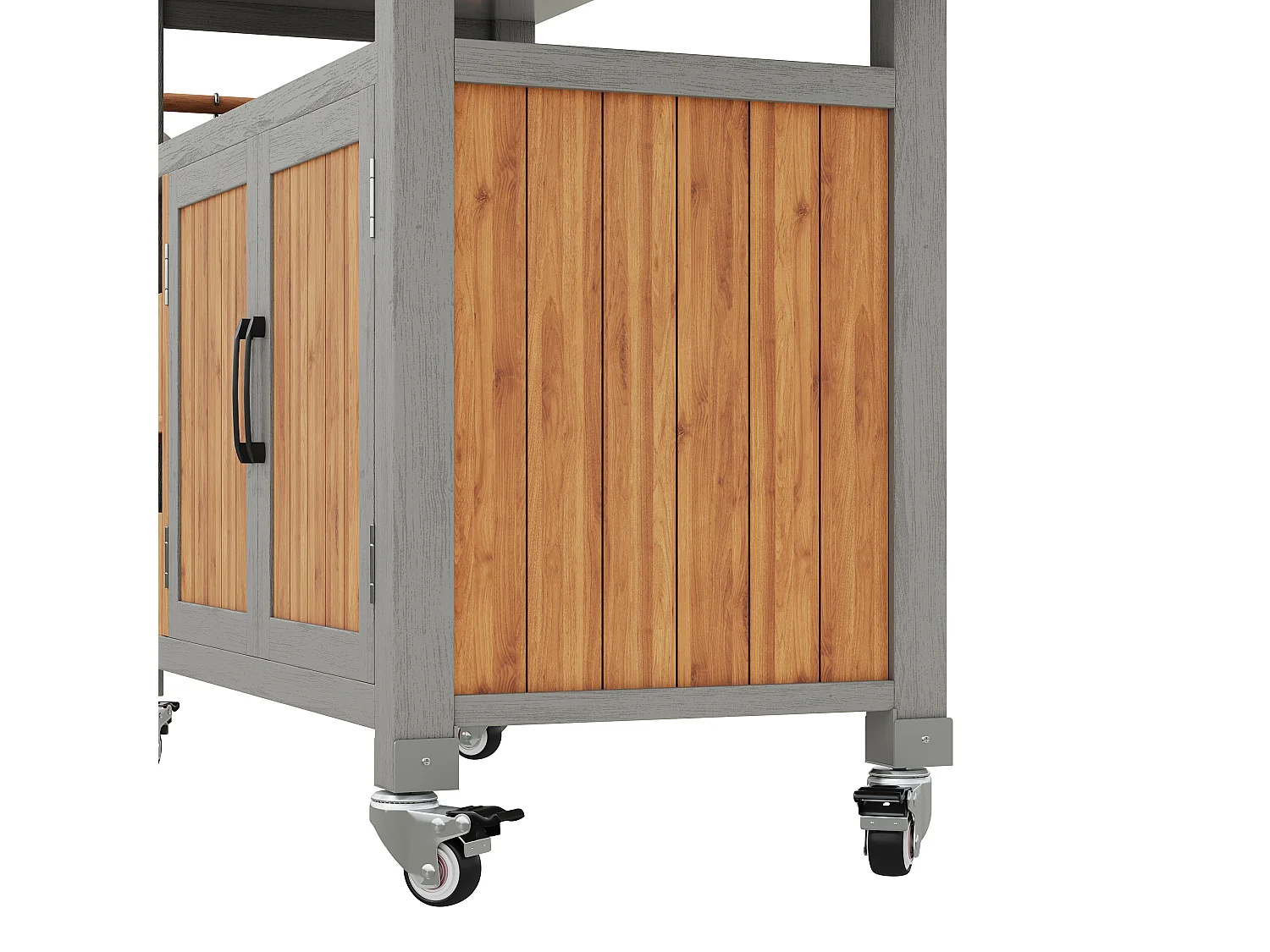 Servierwagen für den Garten aus Massivholz mit Edelstahl-Platte und Ausziehbretter - Mobiler Grillwagen auf Rädern mit Haken - Vintage-Stil - Grau