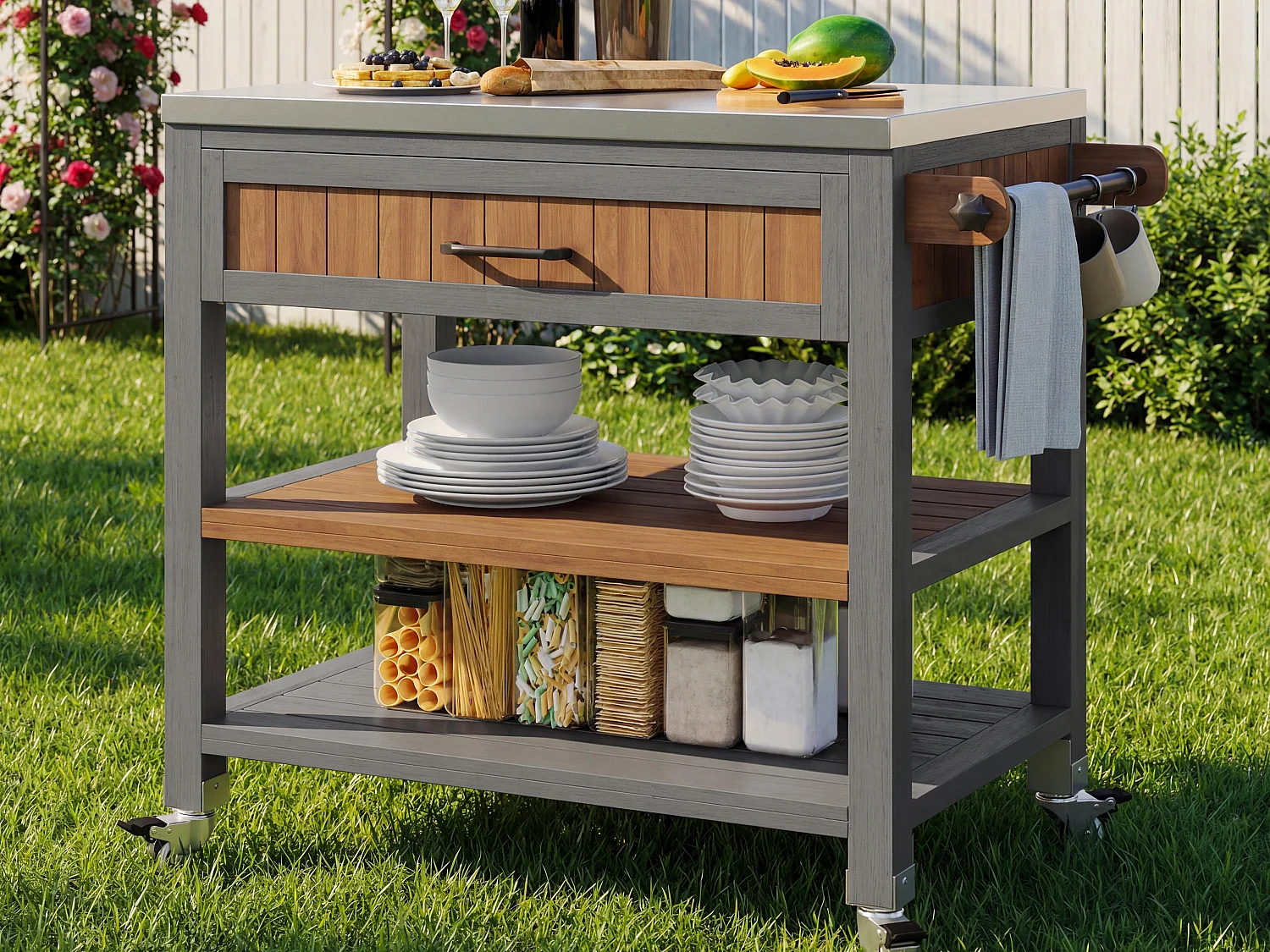 Mobiler Servierwagen für den Garten aus Massivholz mit Edelstahl-Platte und Schublade - Grillwagen auf Rädern mit Bremsen und Handtuchhalter - 80x51x91,5cm - Grau