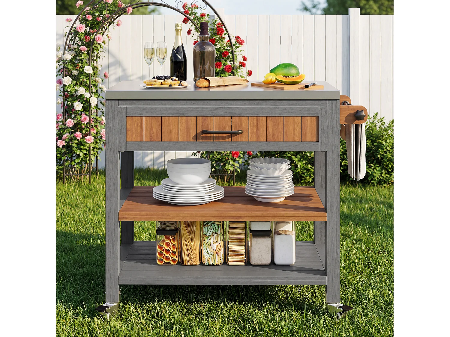 Mobiler Servierwagen für den Garten aus Massivholz mit Edelstahl-Platte und Schublade - Grillwagen auf Rädern mit Bremsen und Handtuchhalter - 80x51x91,5cm - Grau