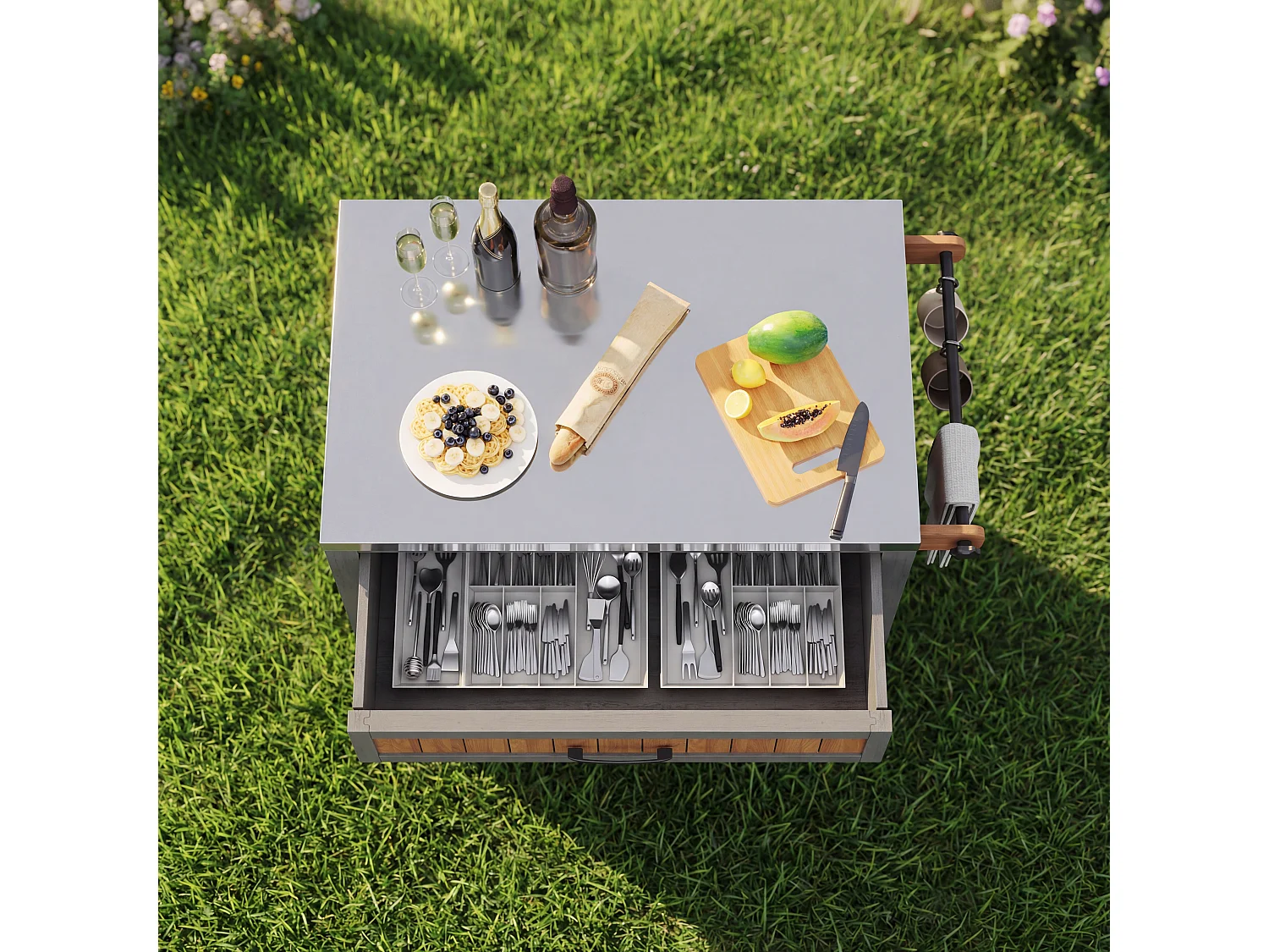 Mobiler Servierwagen für den Garten aus Massivholz mit Edelstahl-Platte und Schublade - Grillwagen auf Rädern mit Bremsen und Handtuchhalter - 80x51x91,5cm - Grau