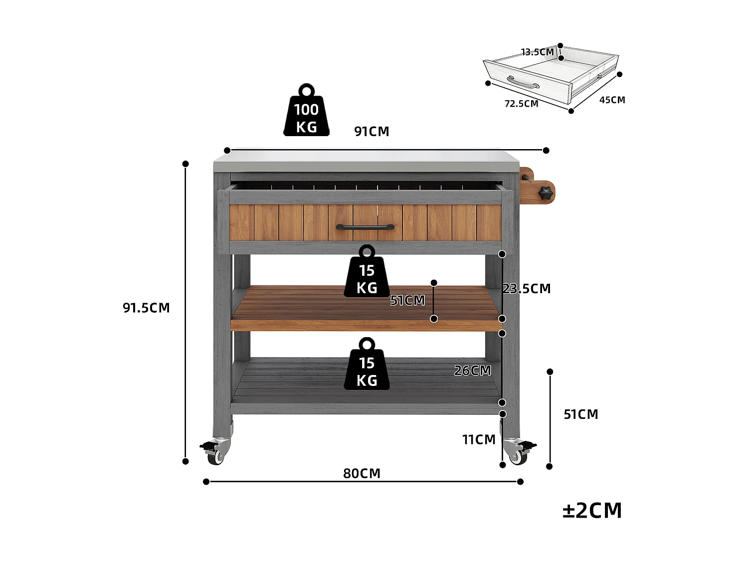 Mobiler Servierwagen für den Garten aus Massivholz mit Edelstahl-Platte und Schublade - Grillwagen auf Rädern mit Bremsen und Handtuchhalter - 80x51x91,5cm - Grau