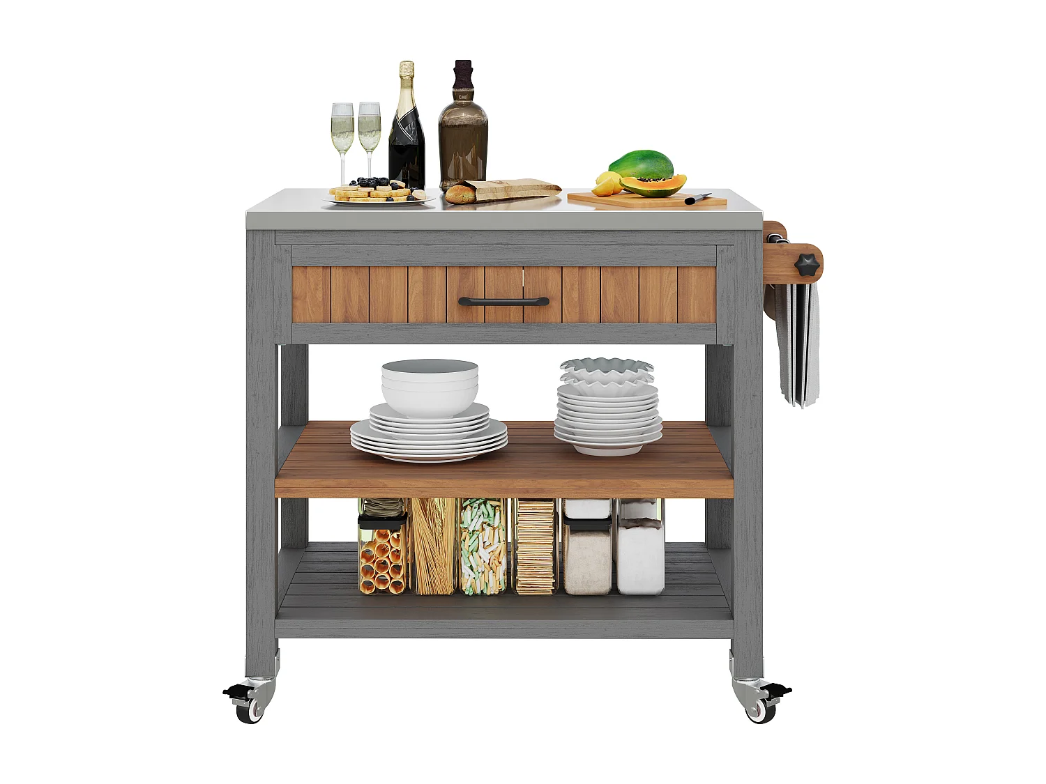 Mobiler Servierwagen für den Garten aus Massivholz mit Edelstahl-Platte und Schublade - Grillwagen auf Rädern mit Bremsen und Handtuchhalter - 80x51x91,5cm - Grau