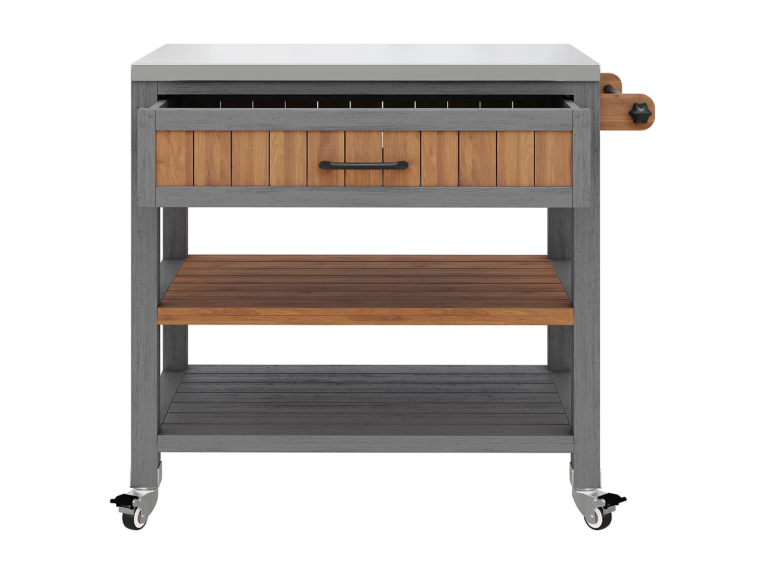 Mobiler Servierwagen für den Garten aus Massivholz mit Edelstahl-Platte und Schublade - Grillwagen auf Rädern mit Bremsen und Handtuchhalter - 80x51x91,5cm - Grau