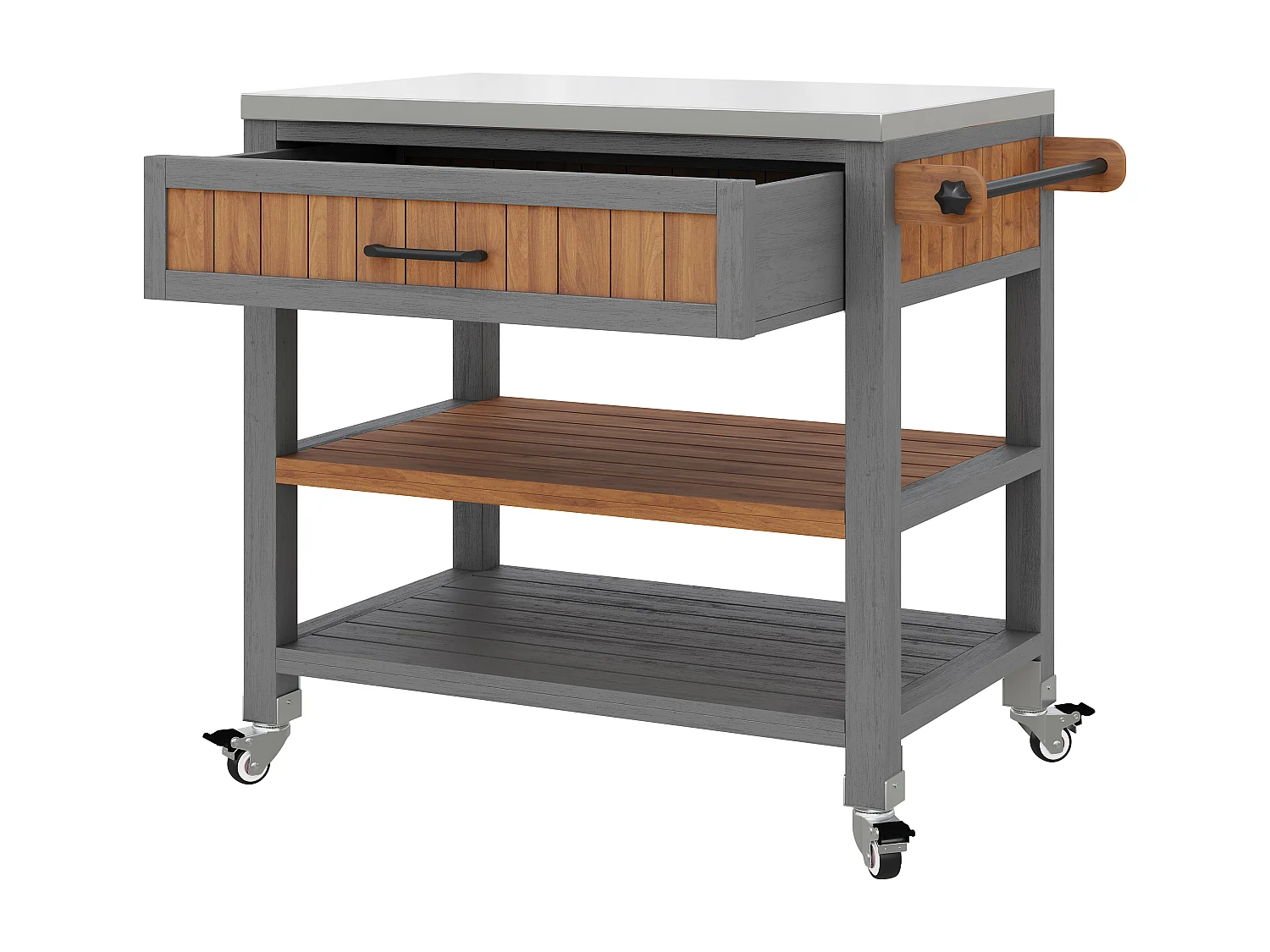 Mobiler Servierwagen für den Garten aus Massivholz mit Edelstahl-Platte und Schublade - Grillwagen auf Rädern mit Bremsen und Handtuchhalter - 80x51x91,5cm - Grau