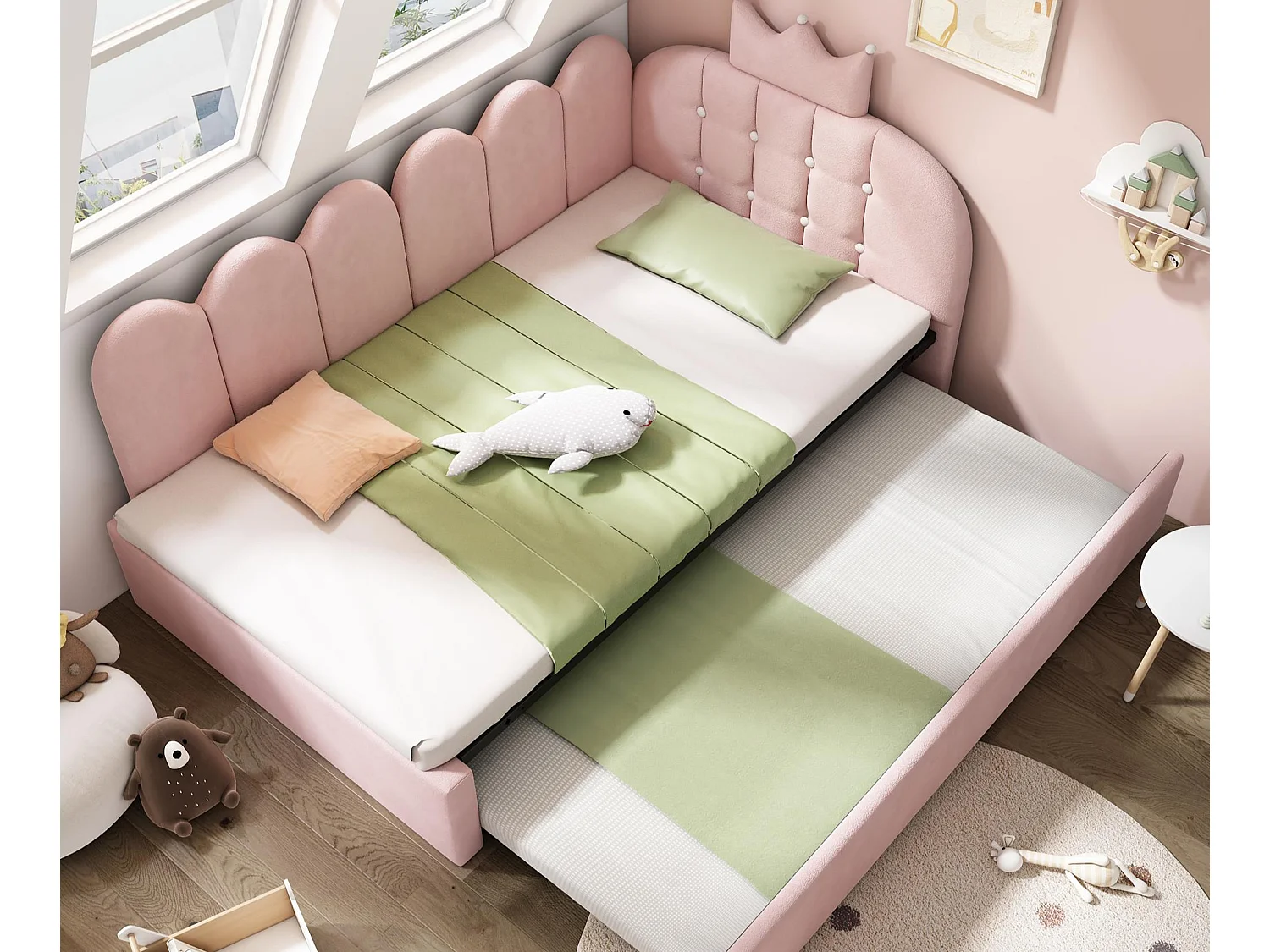 Canapé-lit 90x200 cm - avec lit gigogne 90x190 cm - comporte une décoration en forme de couronne - Velours - Rose (sans matelas)