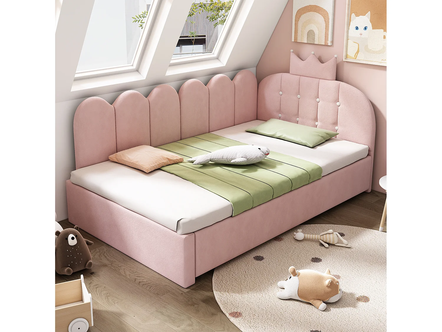 Canapé-lit 90x200 cm - avec lit gigogne 90x190 cm - comporte une décoration en forme de couronne - Velours - Rose (sans matelas)