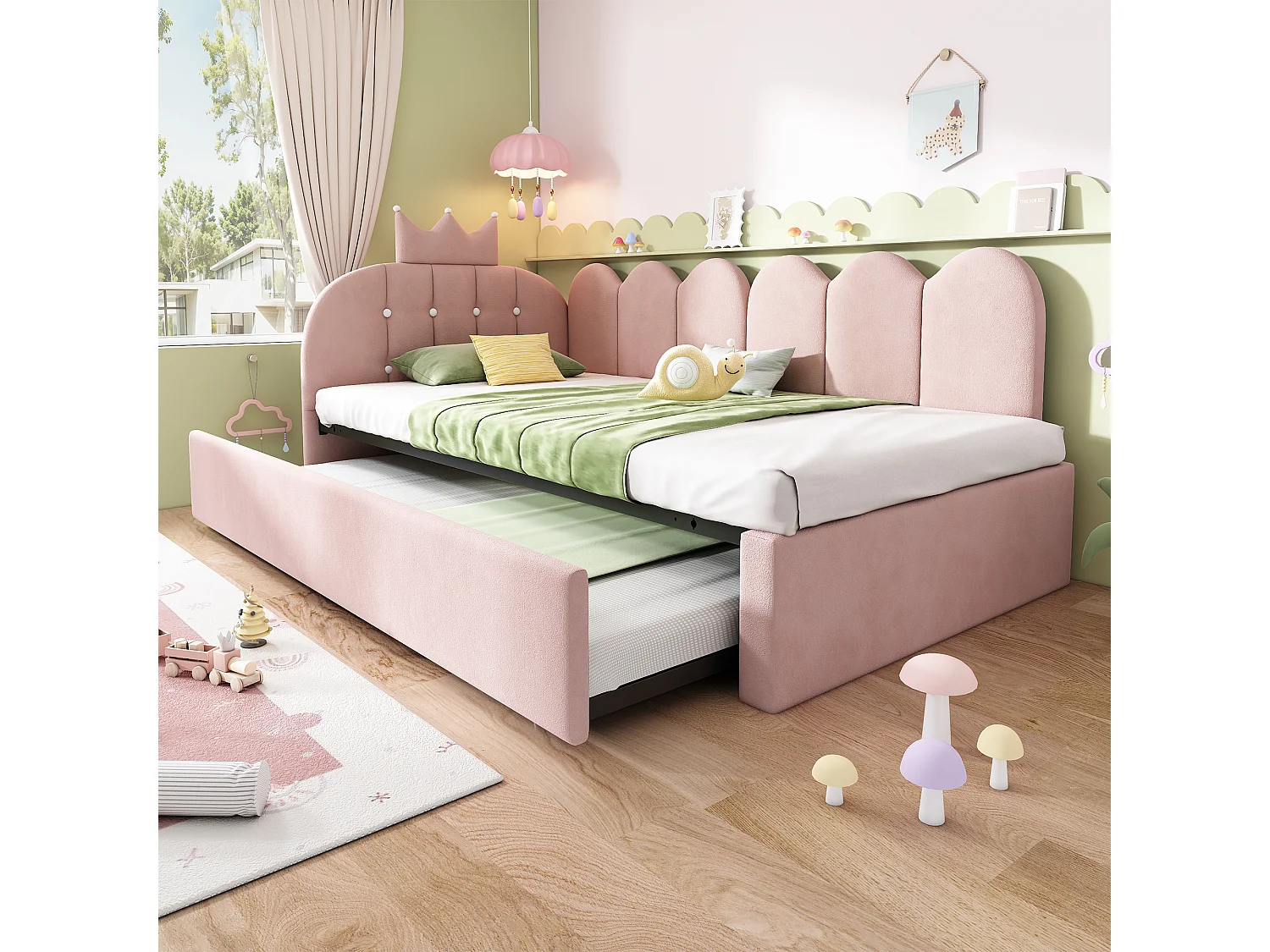 Canapé-lit 90x200 cm - avec lit gigogne 90x190 cm - comporte une décoration en forme de couronne - Velours - Rose (sans matelas)