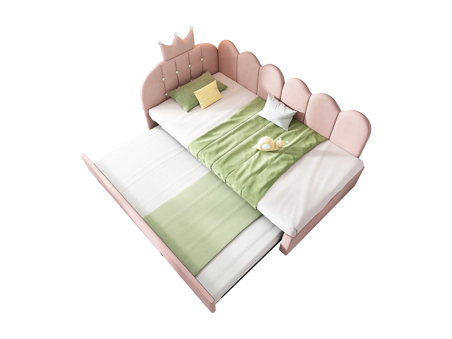 Canapé-lit 90x200 cm - avec lit gigogne 90x190 cm - comporte une décoration en forme de couronne - Velours - Rose (sans matelas)