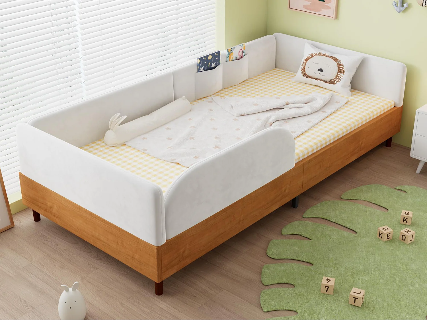 Lit pour enfant rembourré 90x200 cm - avec 2 sacs de rangement - Velours + contreplaqué - Blanc + Naturel(sans matelas)