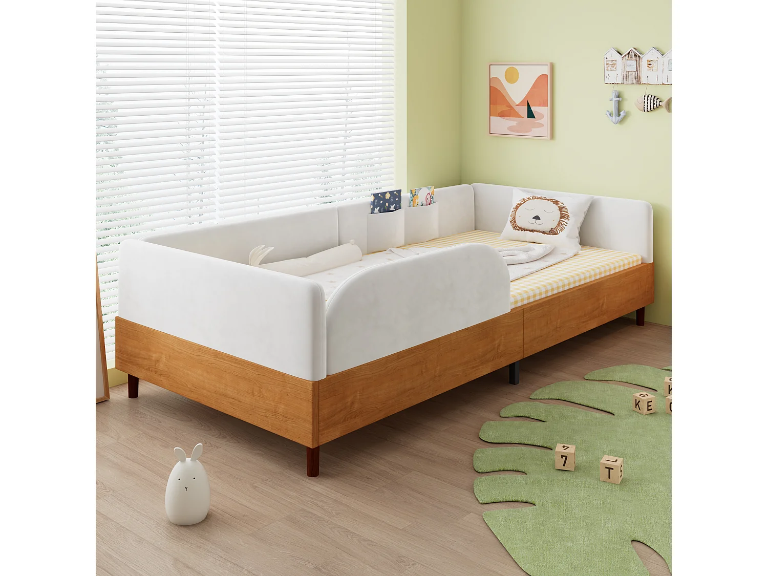 Lit pour enfant rembourré 90x200 cm - avec 2 sacs de rangement - Velours + contreplaqué - Blanc + Naturel(sans matelas)