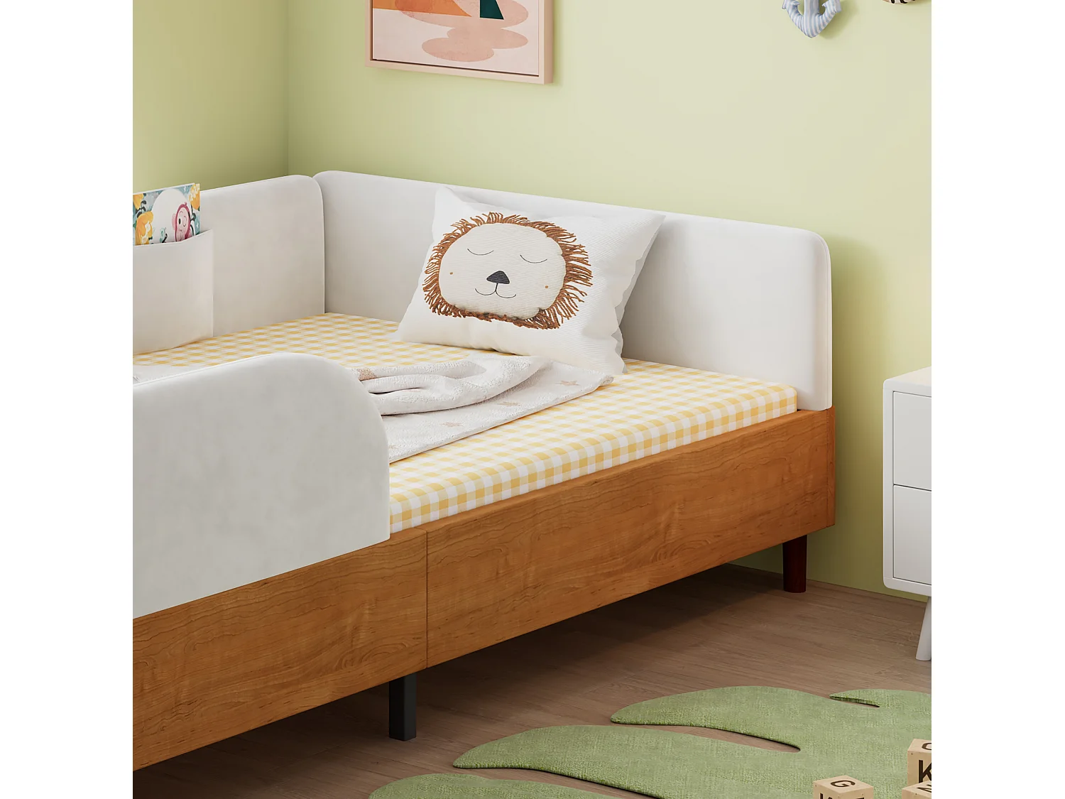 Lit pour enfant rembourré 90x200 cm - avec 2 sacs de rangement - Velours + contreplaqué - Blanc + Naturel(sans matelas)