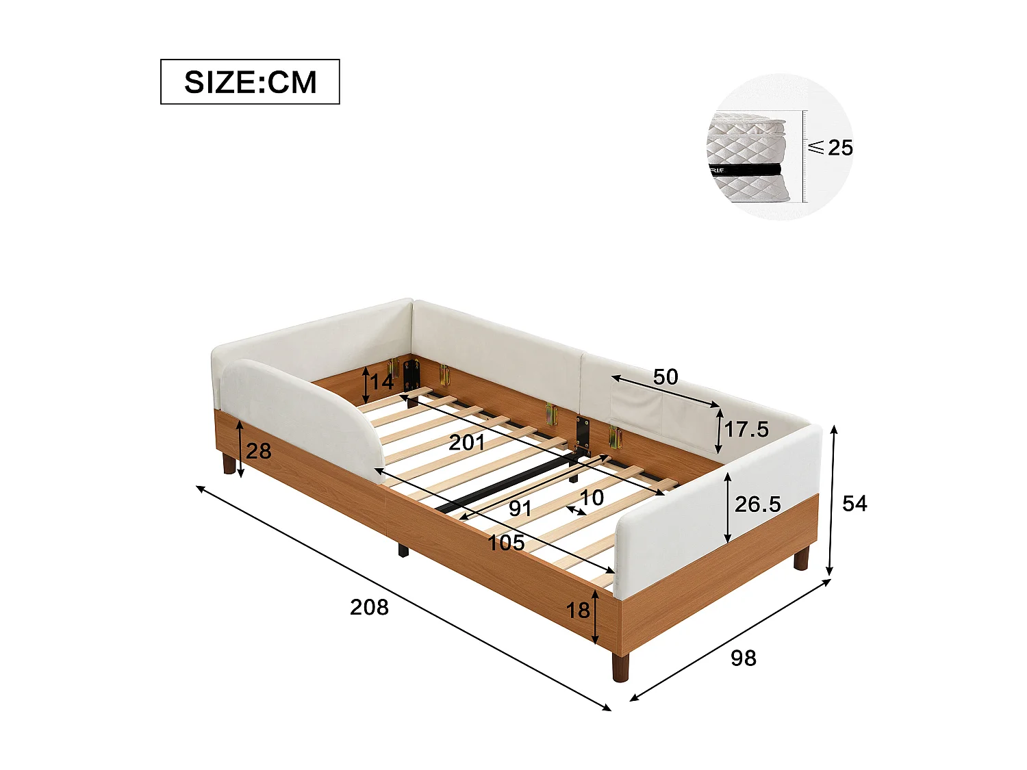 Lit pour enfant rembourré 90x200 cm - avec 2 sacs de rangement - Velours + contreplaqué - Blanc + Naturel(sans matelas)