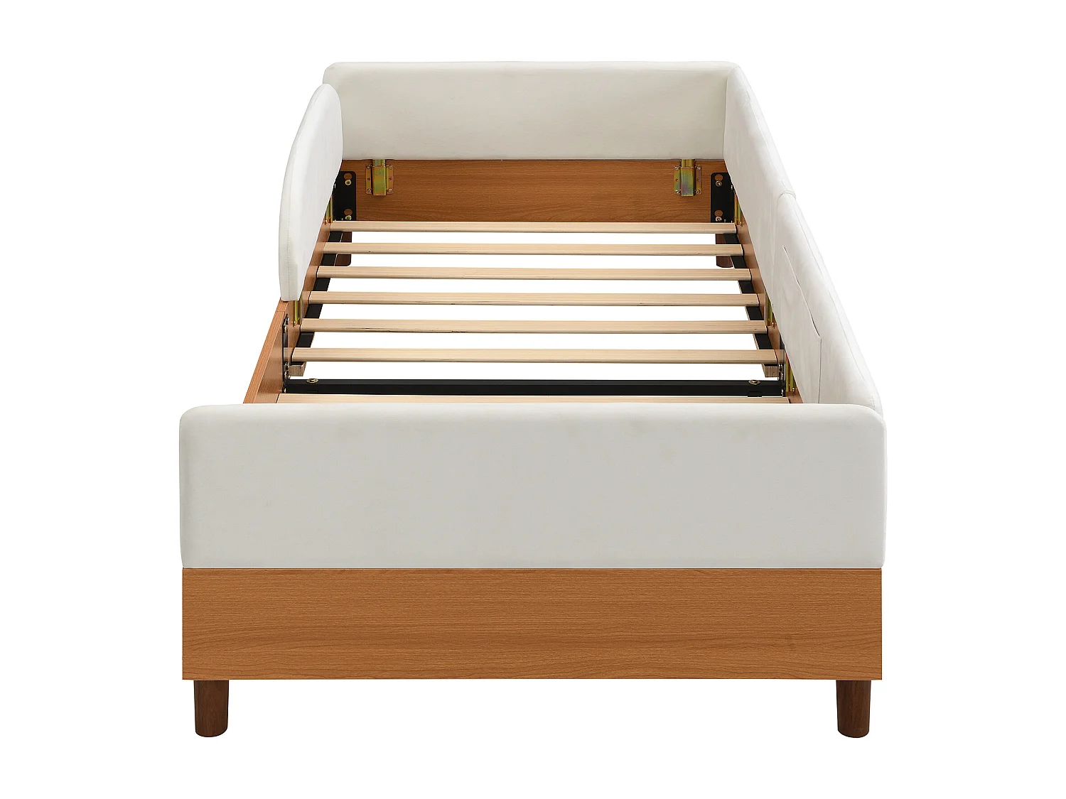 Lit pour enfant rembourré 90x200 cm - avec 2 sacs de rangement - Velours + contreplaqué - Blanc + Naturel(sans matelas)