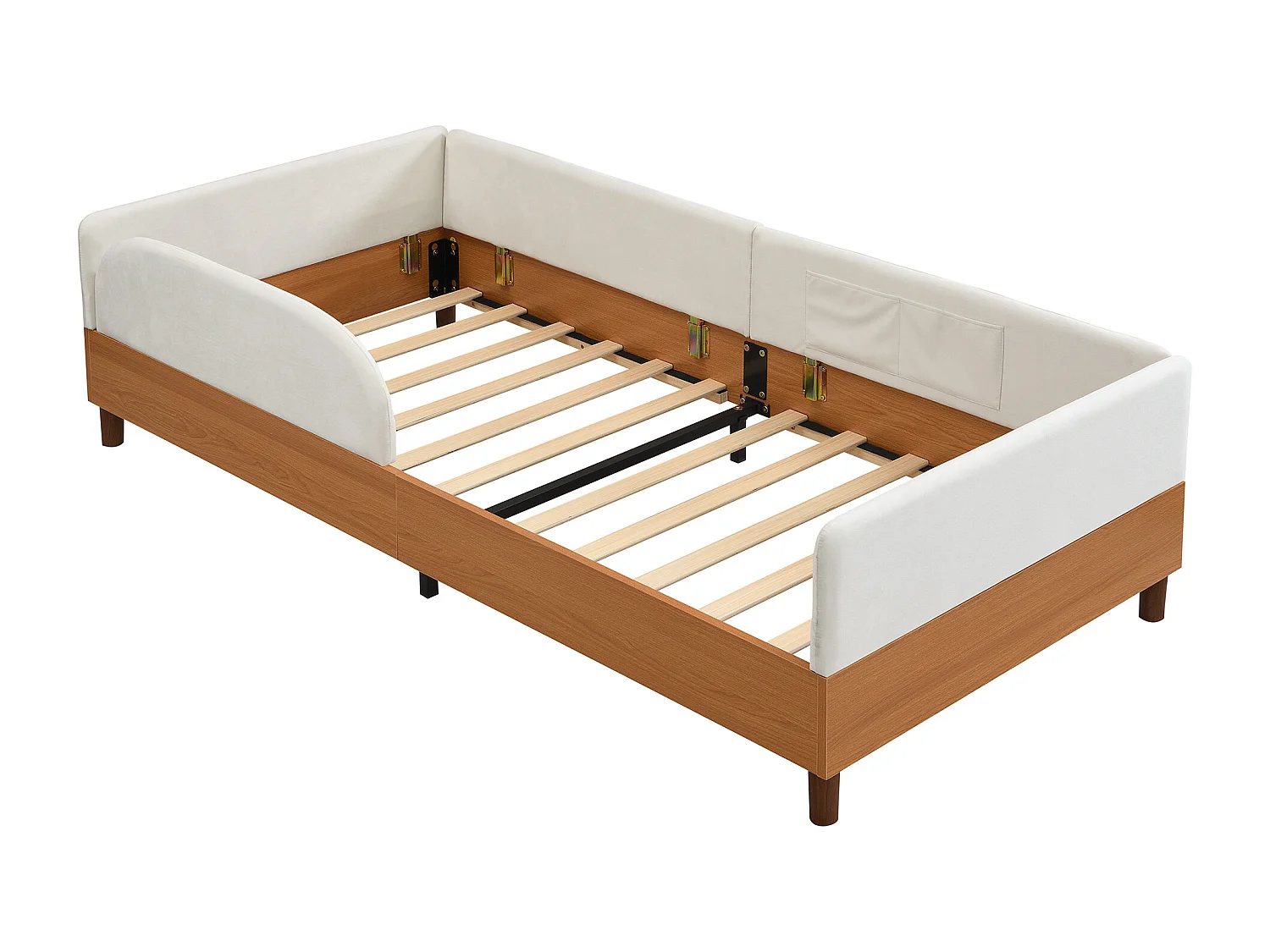 Lit pour enfant rembourré 90x200 cm - avec 2 sacs de rangement - Velours + contreplaqué - Blanc + Naturel(sans matelas)