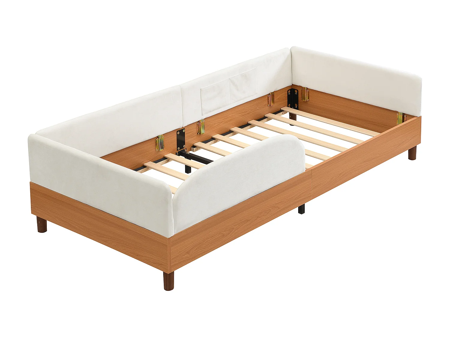 Lit pour enfant rembourré 90x200 cm - avec 2 sacs de rangement - Velours + contreplaqué - Blanc + Naturel(sans matelas)