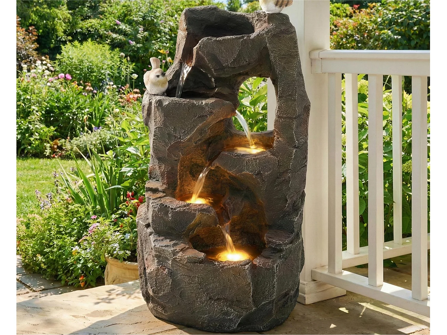 Fontaine de Jardin Zen avec LED et Figurines Oiseaux - Cascade d'Extérieur Design Rocher Naturel en Résine - 25,5x19x47cm - Décoration Balcon - Gris