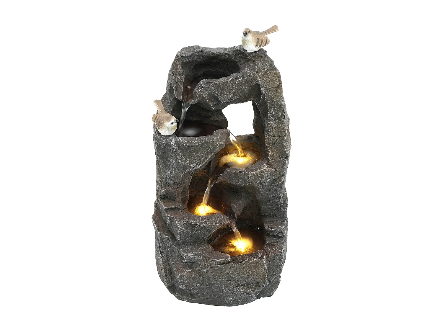 Fontaine de Jardin Zen avec LED et Figurines Oiseaux - Cascade d'Extérieur Design Rocher Naturel en Résine - 25,5x19x47cm - Décoration Balcon - Gris