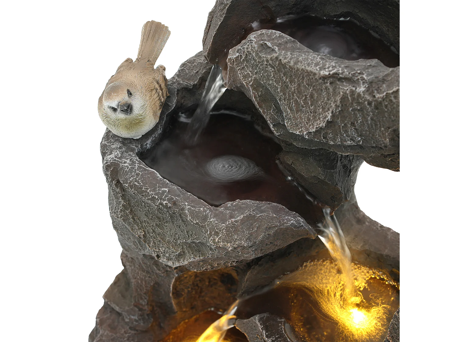 Fontaine de Jardin Zen avec LED et Figurines Oiseaux - Cascade d'Extérieur Design Rocher Naturel en Résine - 25,5x19x47cm - Décoration Balcon - Gris