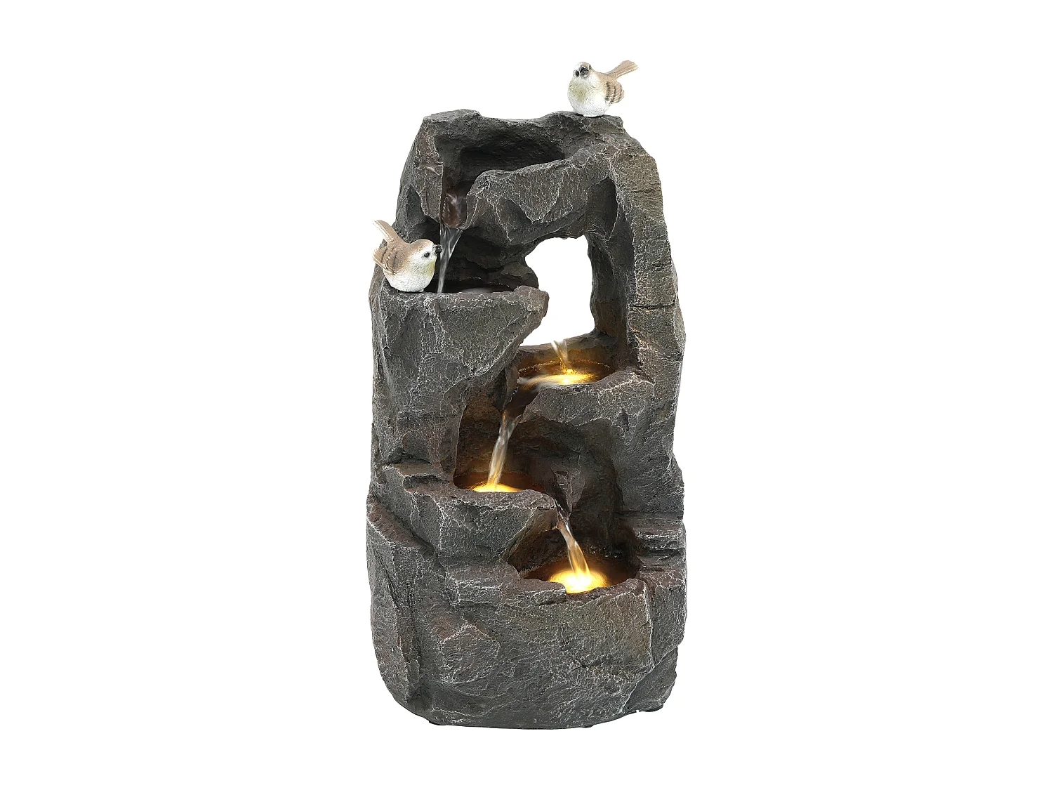 Fontaine de Jardin Zen avec LED et Figurines Oiseaux - Cascade d'Extérieur Design Rocher Naturel en Résine - 25,5x19x47cm - Décoration Balcon - Gris
