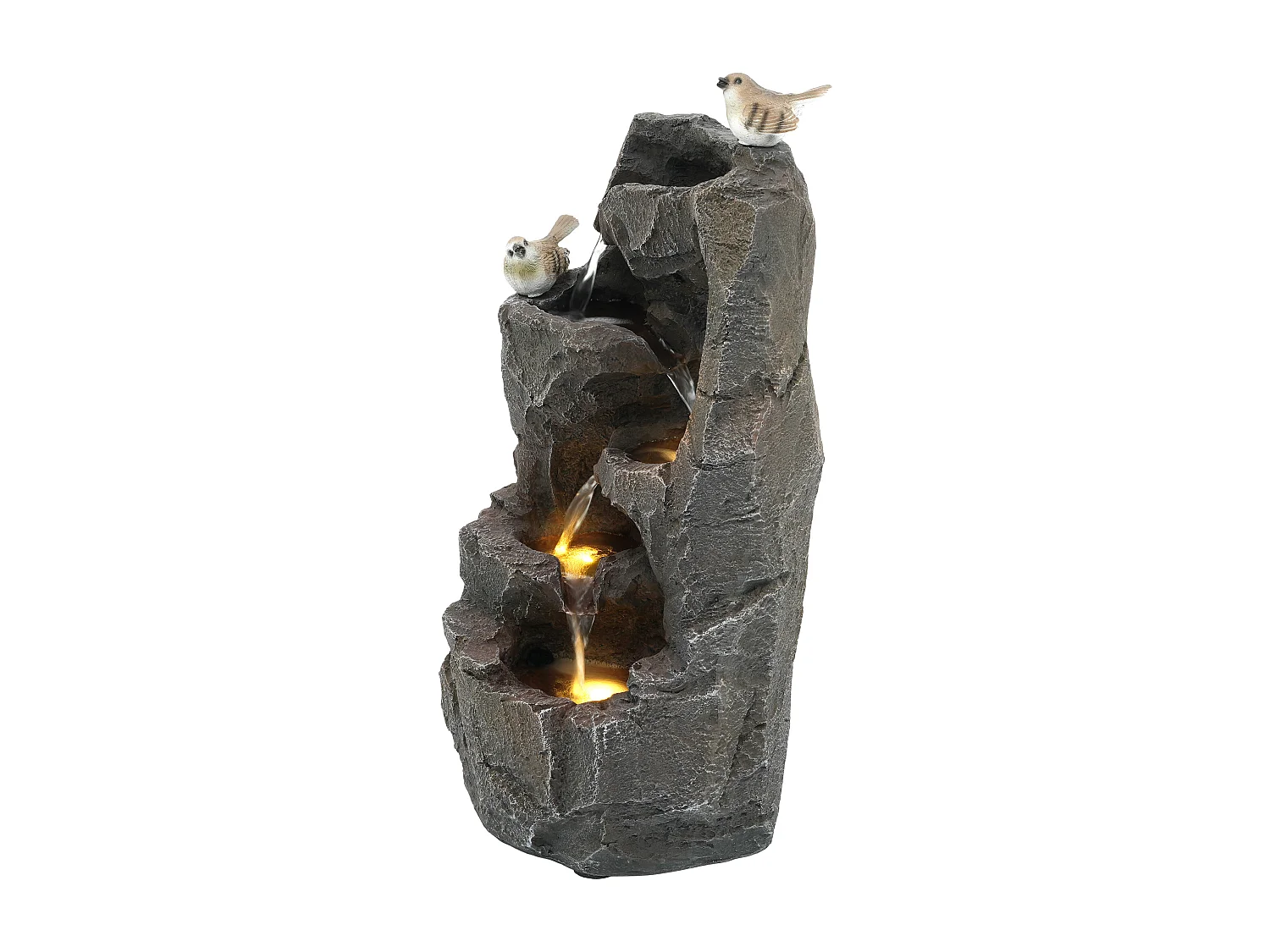 Fontaine de Jardin Zen avec LED et Figurines Oiseaux - Cascade d'Extérieur Design Rocher Naturel en Résine - 25,5x19x47cm - Décoration Balcon - Gris