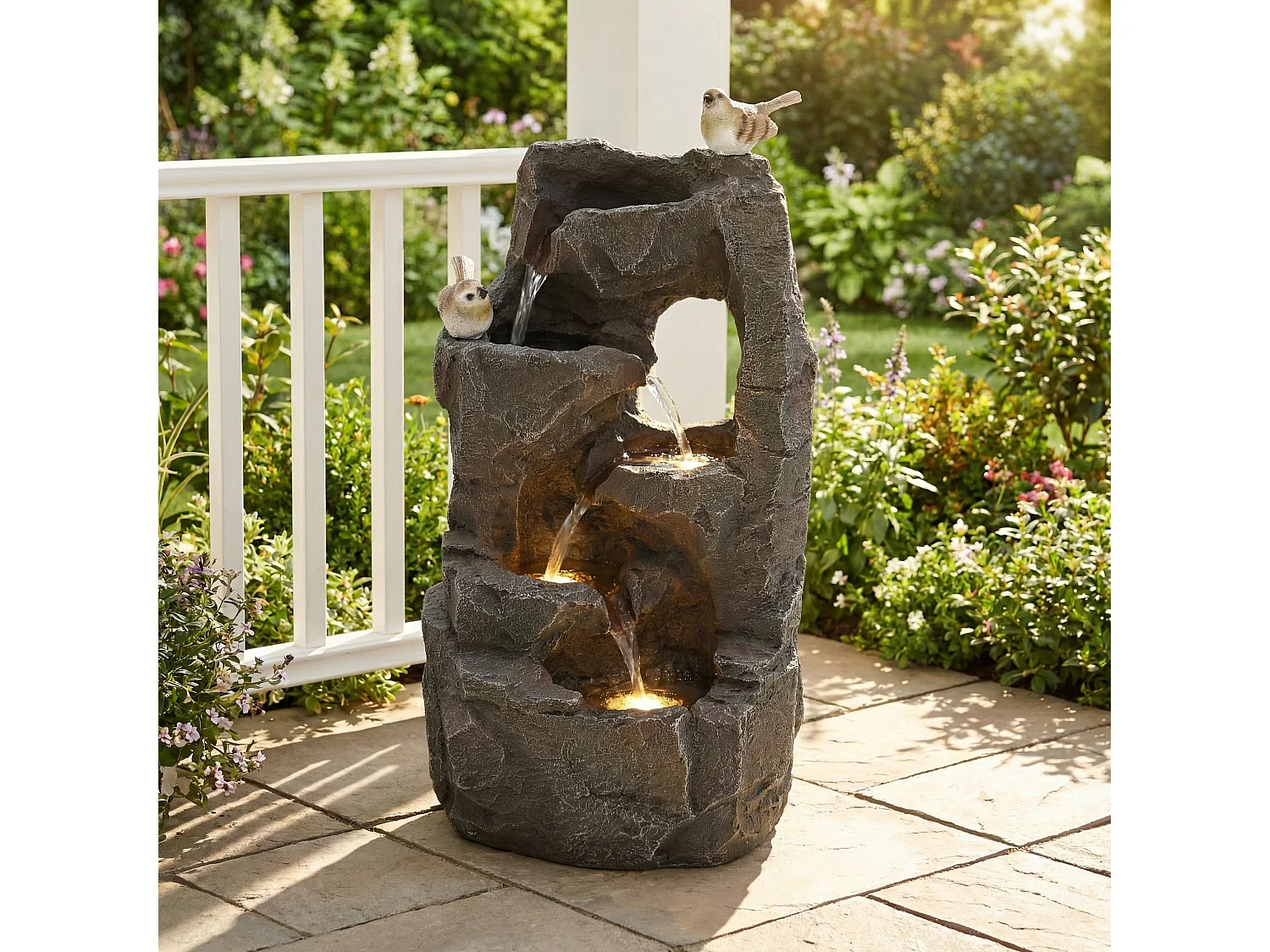 Fontaine de Jardin Zen avec LED et Figurines Oiseaux - Cascade d'Extérieur Design Rocher Naturel en Résine - 25,5x19x47cm - Décoration Balcon - Gris