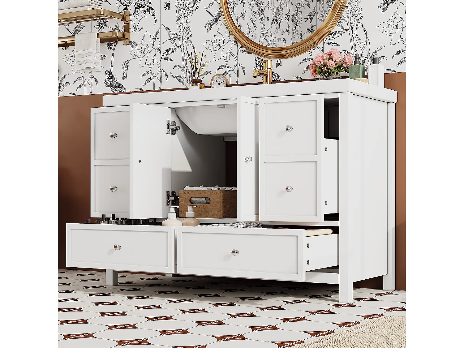 Meuble de salle de bain sur pied 120x50x86.5 cm - Finition laquée - 4 tiroirs et 2 poignées de porte - Vasque en résine - Blanc