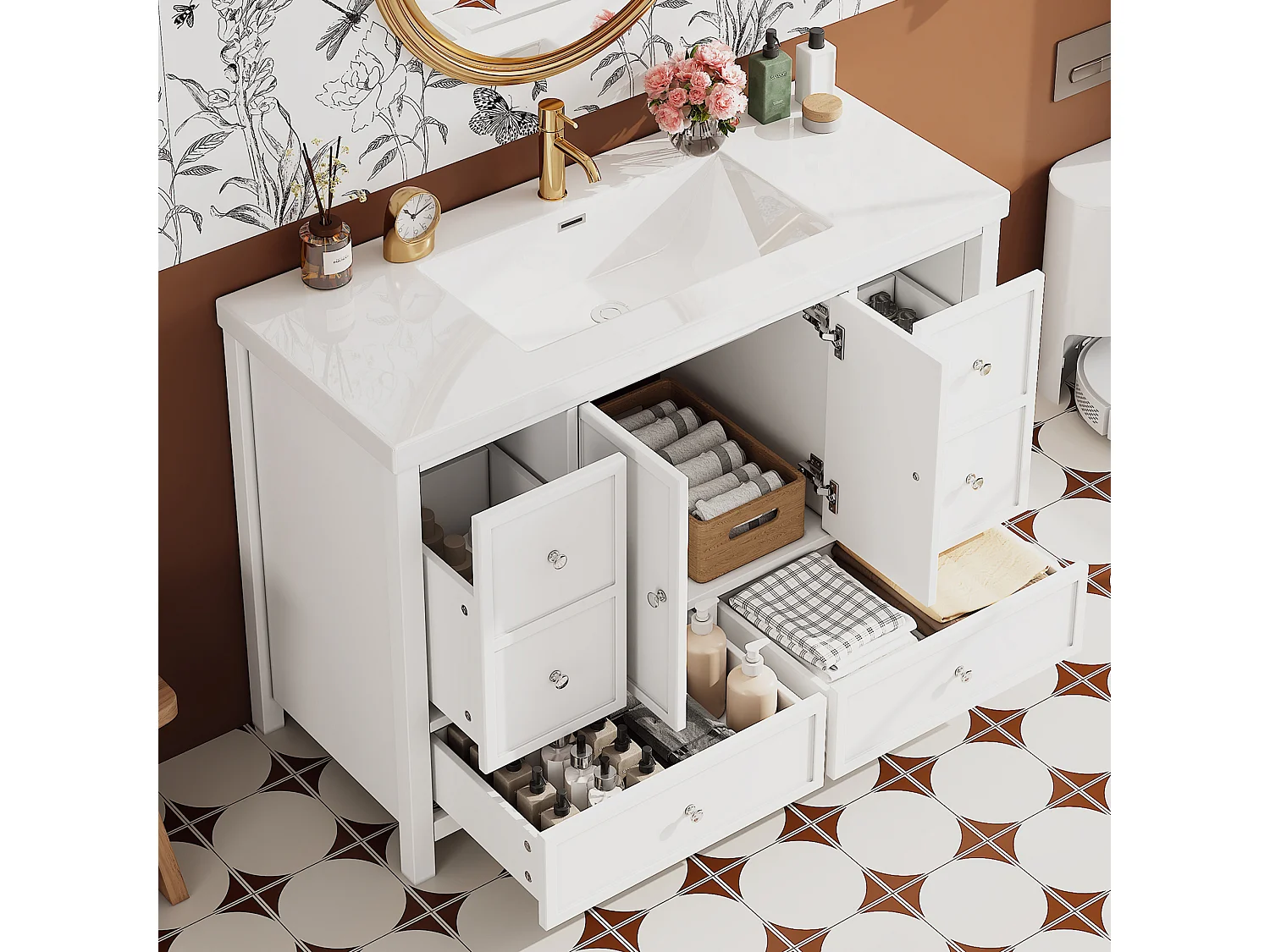 Meuble de salle de bain sur pied 120x50x86.5 cm - Finition laquée - 4 tiroirs et 2 poignées de porte - Vasque en résine - Blanc