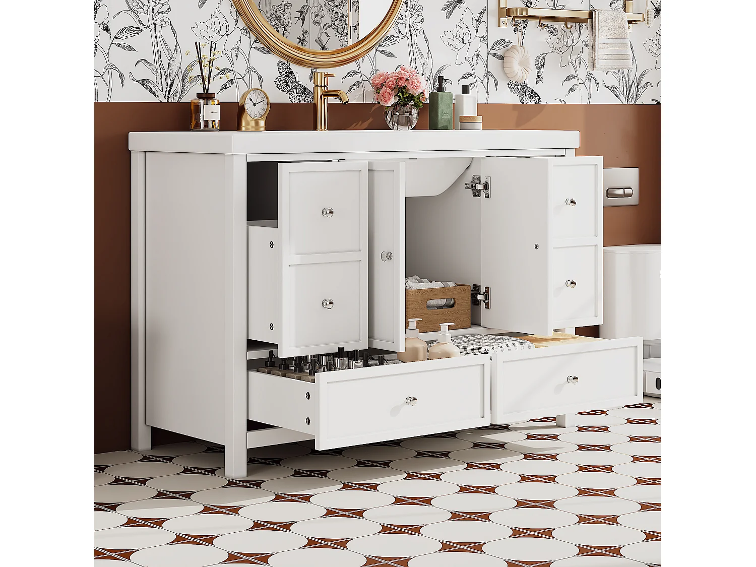 Meuble de salle de bain sur pied 120x50x86.5 cm - Finition laquée - 4 tiroirs et 2 poignées de porte - Vasque en résine - Blanc