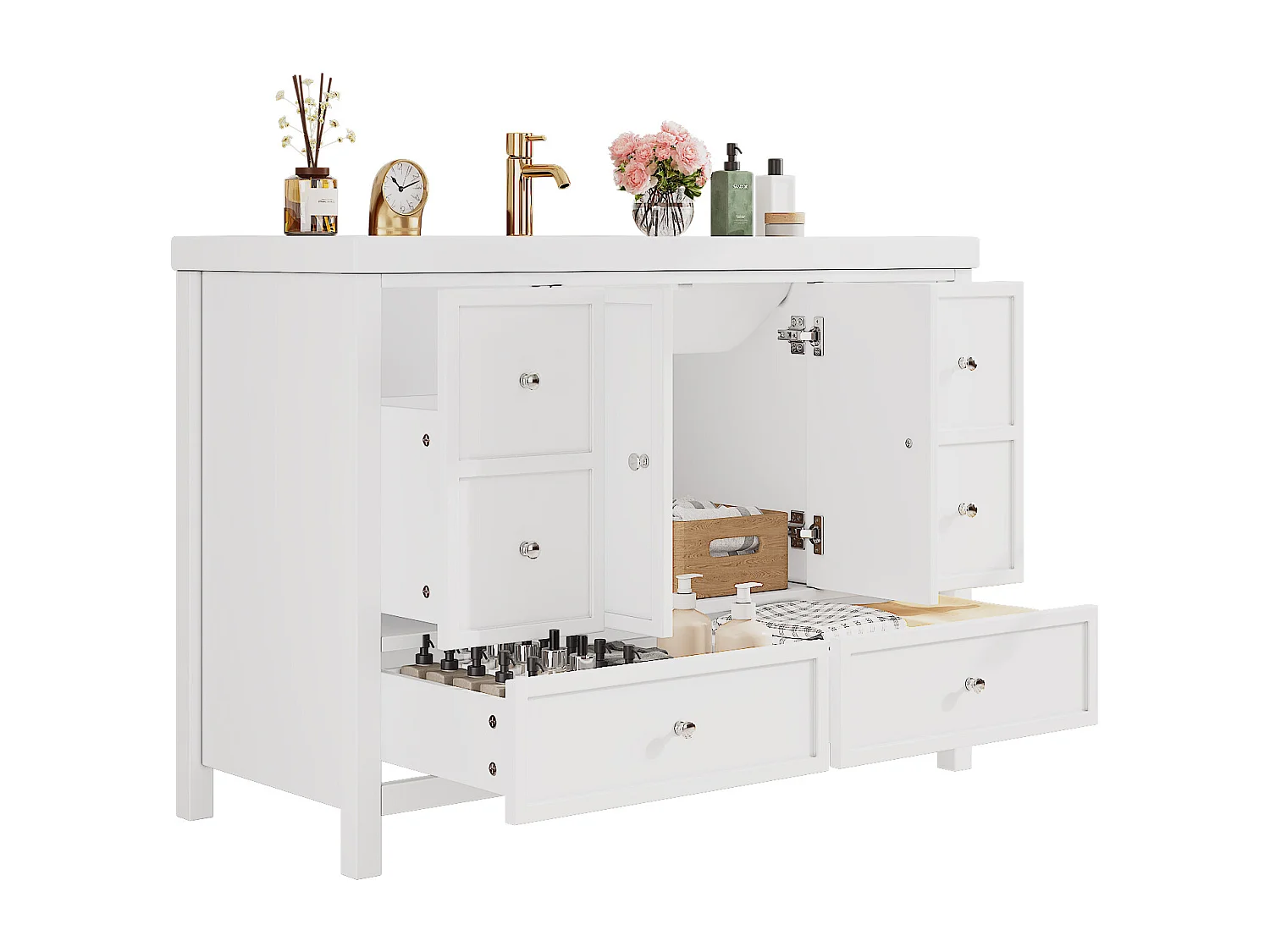 Meuble de salle de bain sur pied 120x50x86.5 cm - Finition laquée - 4 tiroirs et 2 poignées de porte - Vasque en résine - Blanc