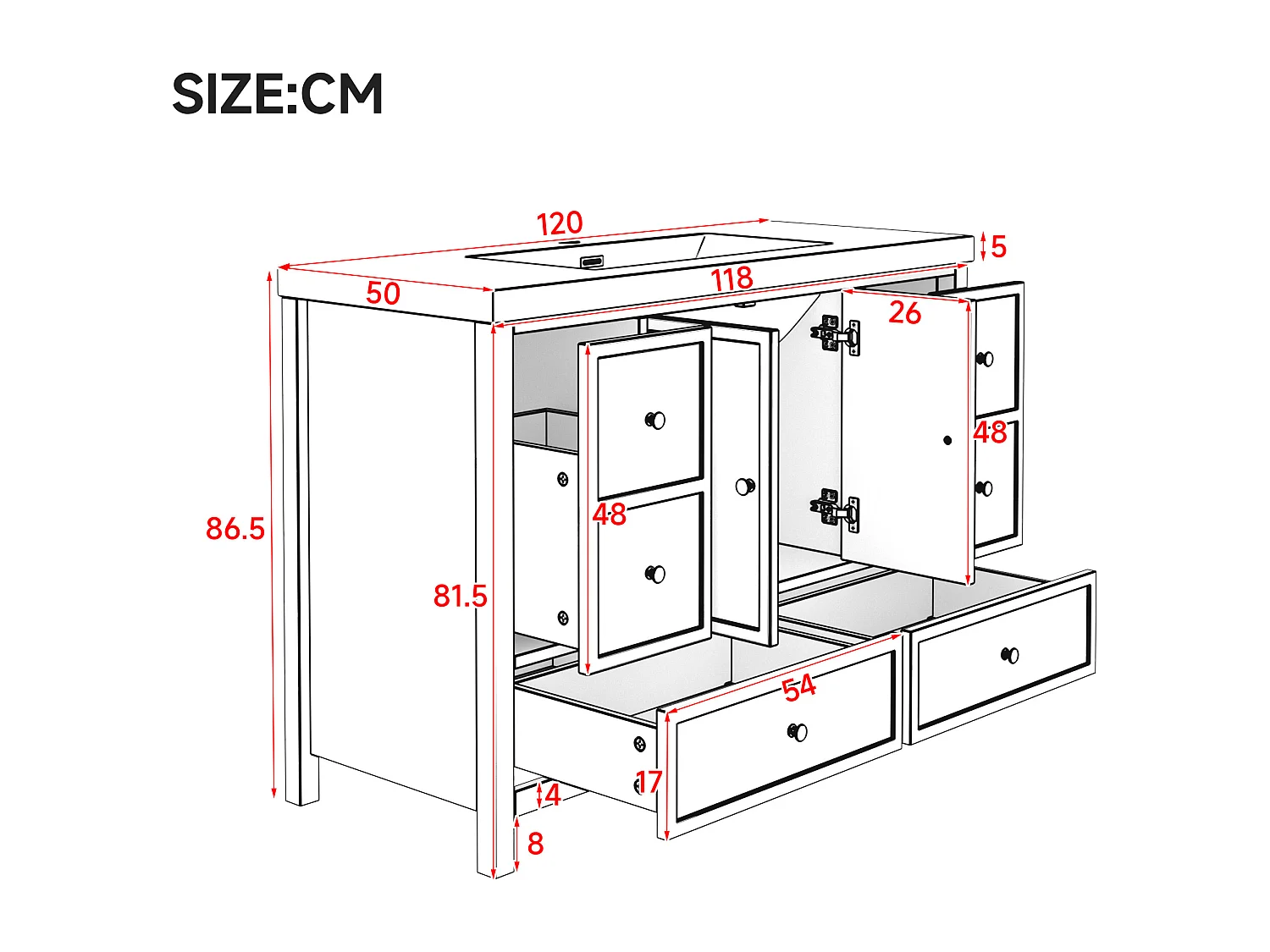 Meuble de salle de bain sur pied 120x50x86.5 cm - Finition laquée - 4 tiroirs et 2 poignées de porte - Vasque en résine - Blanc