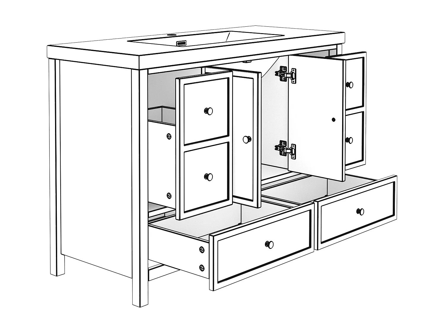 Meuble de salle de bain sur pied 120x50x86.5 cm - Finition laquée - 4 tiroirs et 2 poignées de porte - Vasque en résine - Blanc