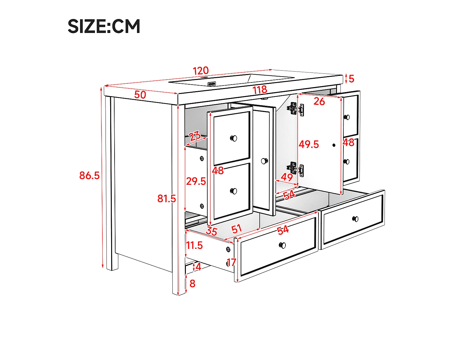 Meuble de salle de bain sur pied 120x50x86.5 cm - Finition laquée - 4 tiroirs et 2 poignées de porte - Vasque en résine - Blanc