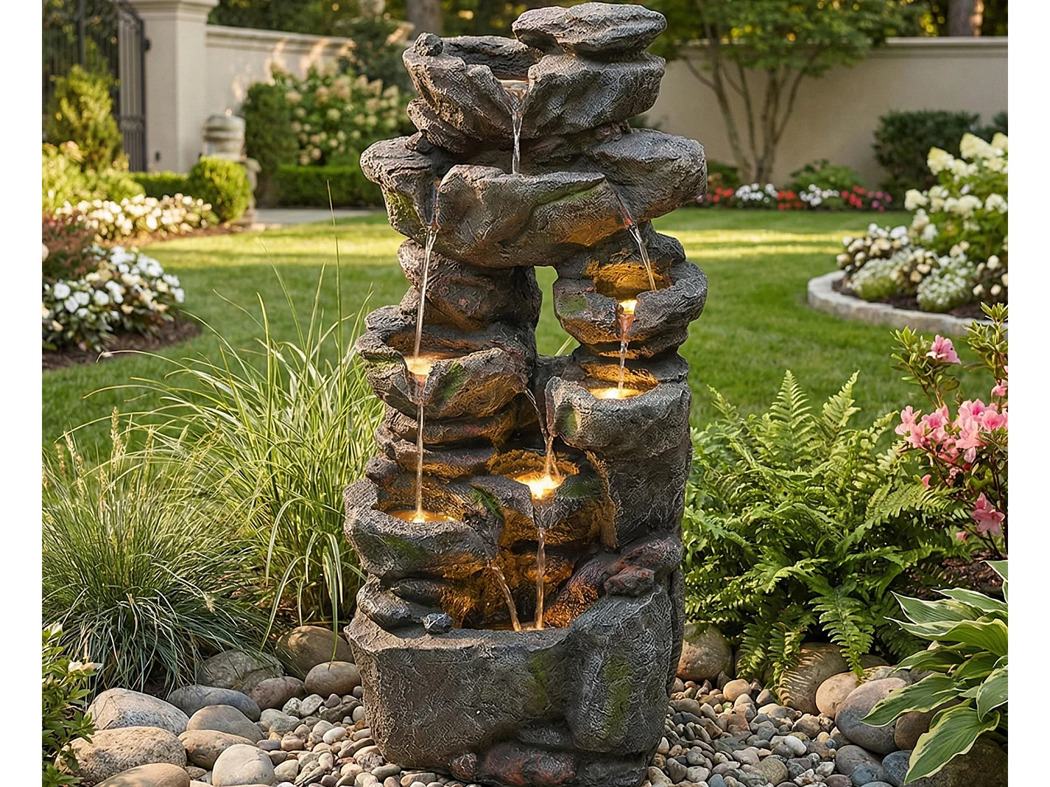 Fontaine de Jardin Cascade de Rochers avec LED - Sculpture d'Eau Naturelle en Résine de Fibre de Verre - Pompe Haute Performance 800L/h - Gris Anthracite