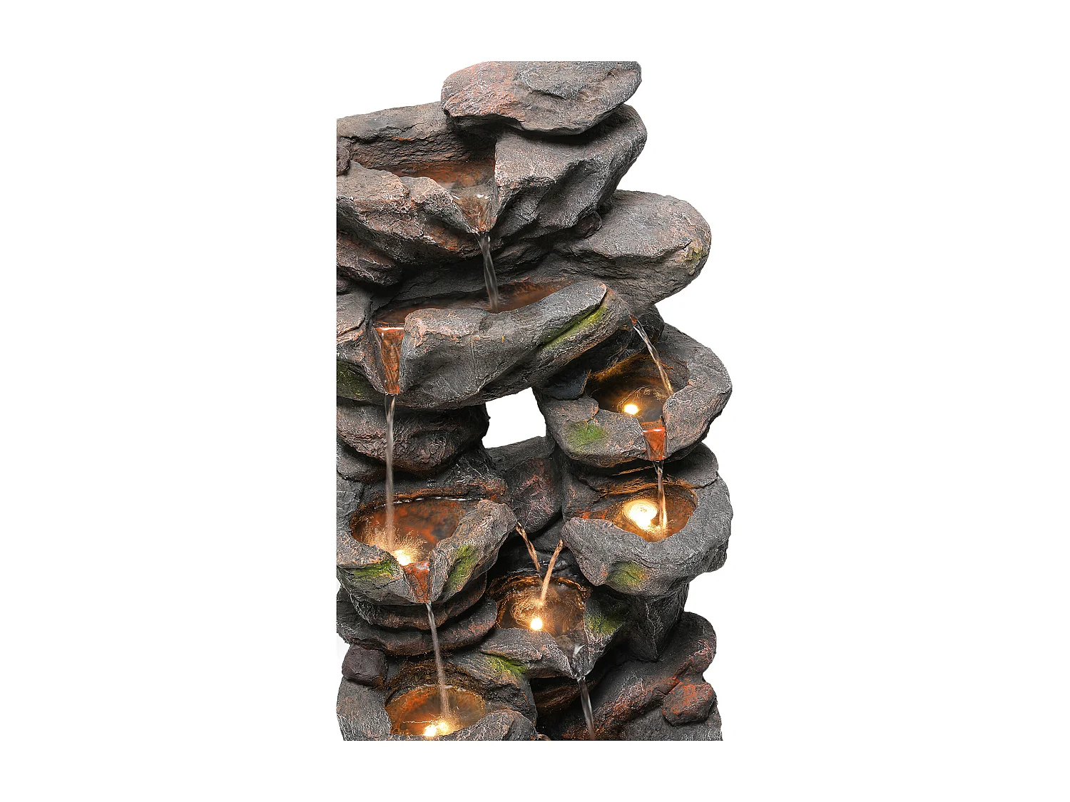 Fontaine de Jardin Cascade de Rochers avec LED - Sculpture d'Eau Naturelle en Résine de Fibre de Verre - Pompe Haute Performance 800L/h - Gris Anthracite