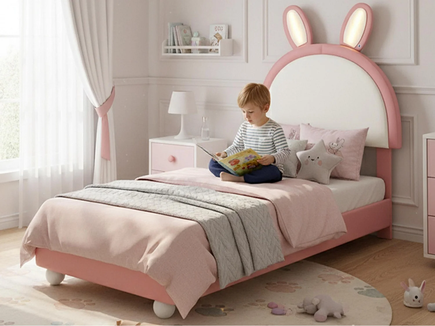 Lit pour enfant rembourré 90x200 cm - tête de lit en forme de lapin - avec lumière LED - PU + contreplaqué - Rose (sans matelas)