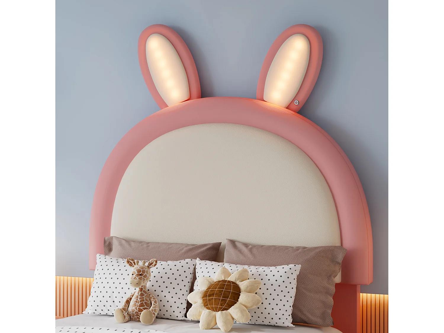 Lit pour enfant rembourré 90x200 cm - tête de lit en forme de lapin - avec lumière LED - PU + contreplaqué - Rose (sans matelas)